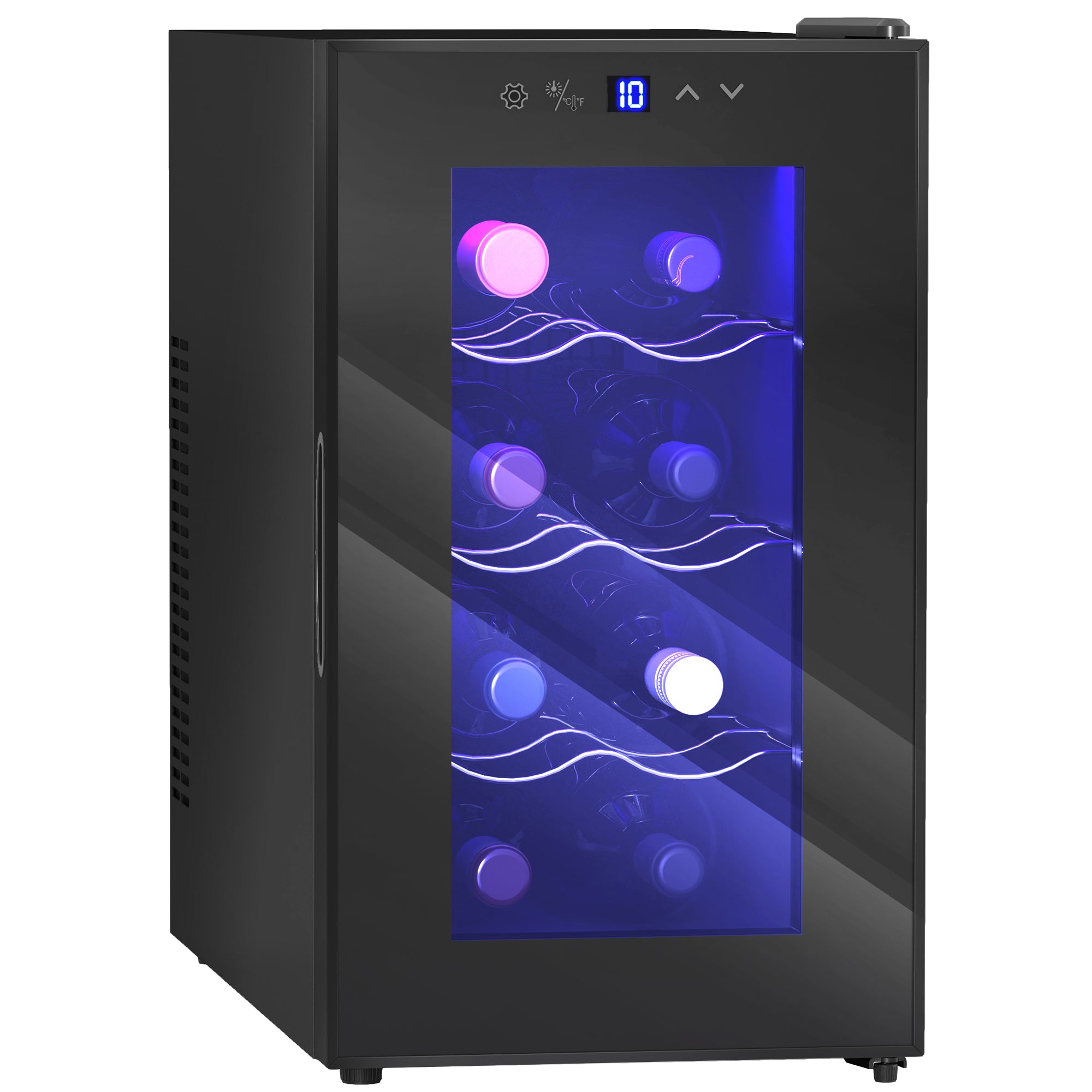 Mini Wine Fridge, 8 Bottle, 21L, 26.5cm, Freestanding and Under Counter, Quiet Wine Cooler Fridge with Glass Door, LED Light, Digital Touch Screen, Temperature Control