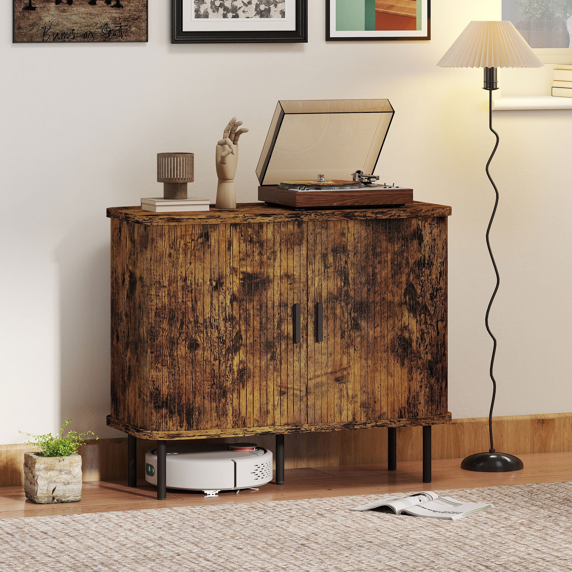 Mid-Century Modern Sideboard Storage Cabinet with Slatted Tambour Sliding Doors, Kitchen Cabinet with Steel Legs, Rustic Brown