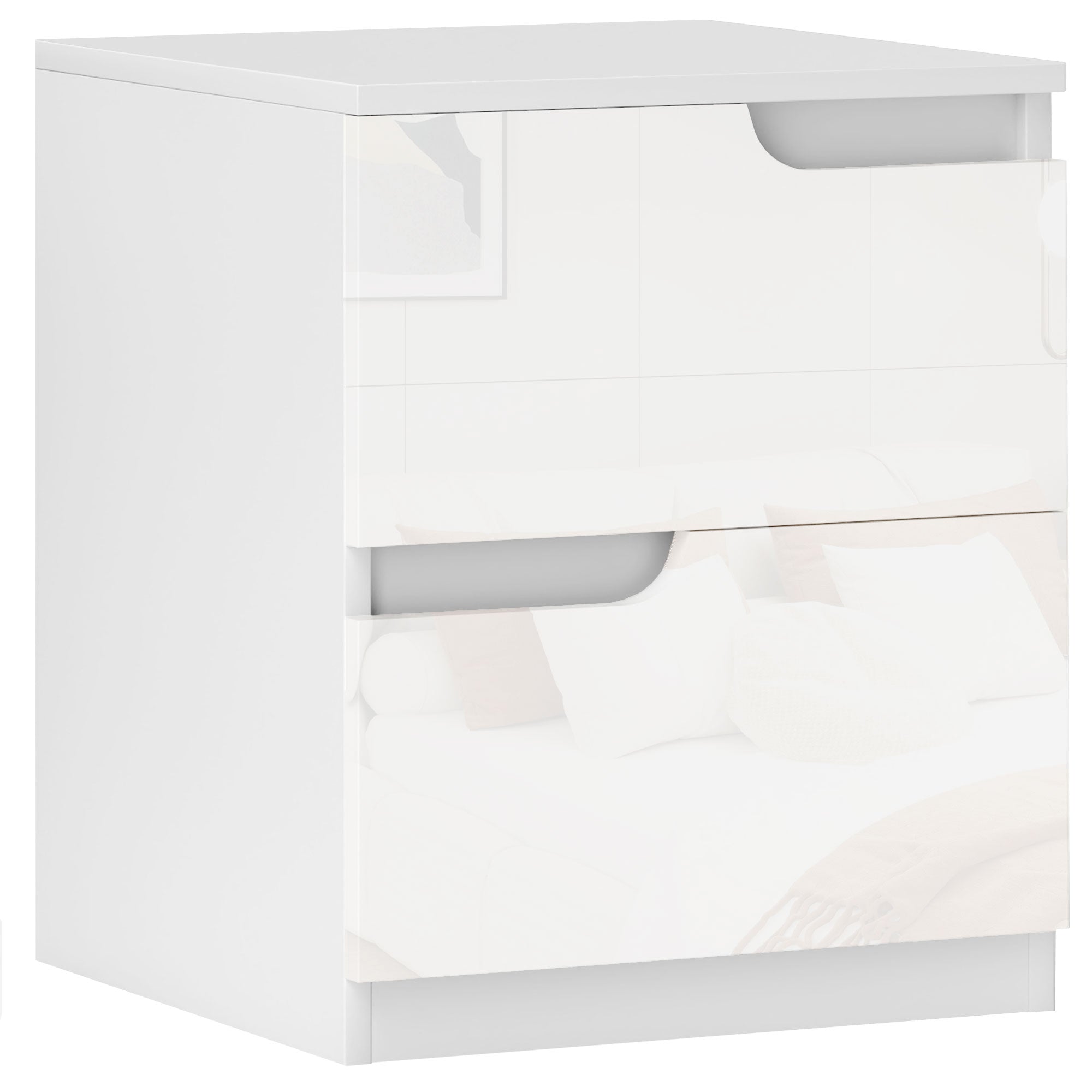 High Gloss Bedside Table with 2 Drawers - White