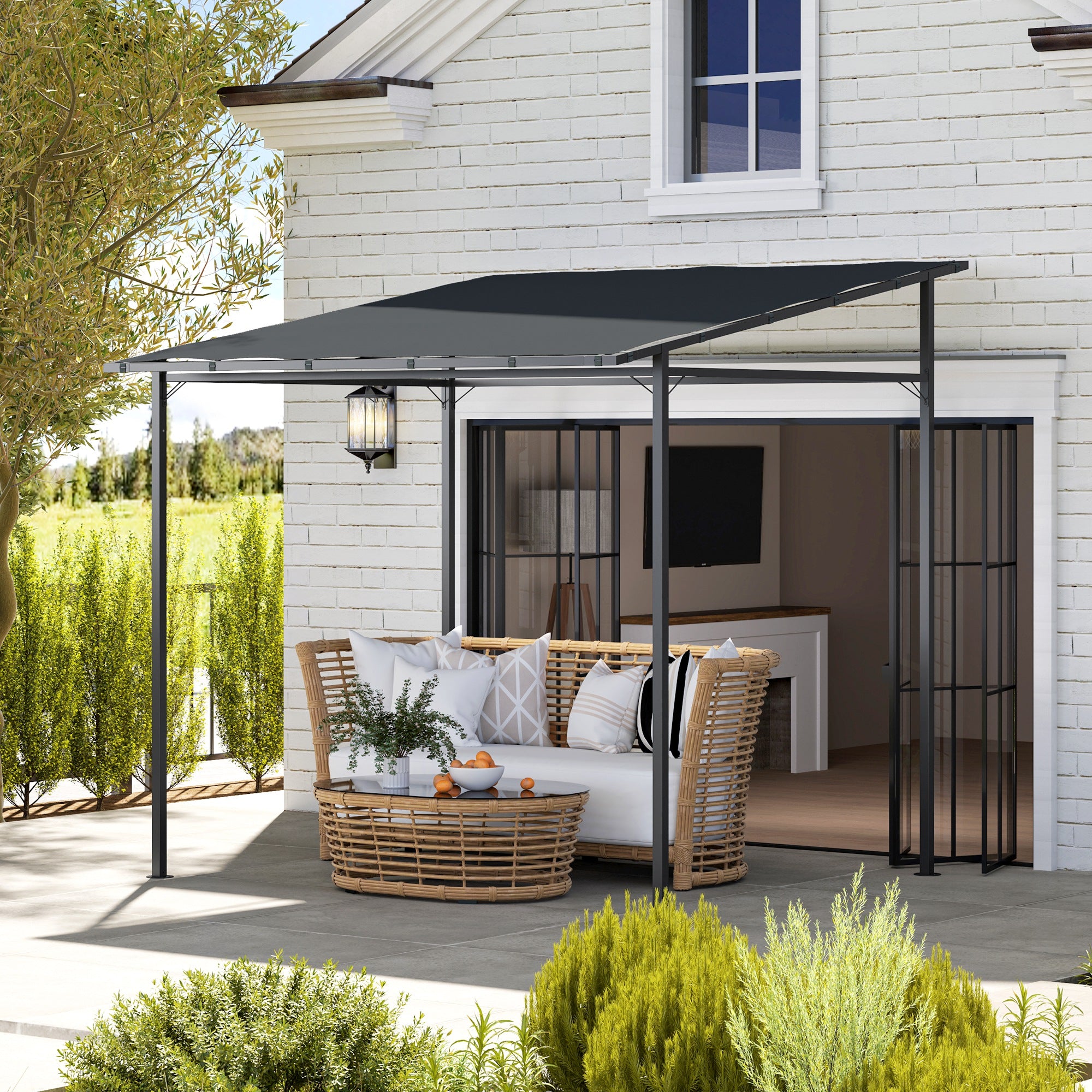2.4 x 2.4 m Wall Mounted Lean-To Pergola Gazebo with PA Coated Fabric UPF30+ - Dark Grey