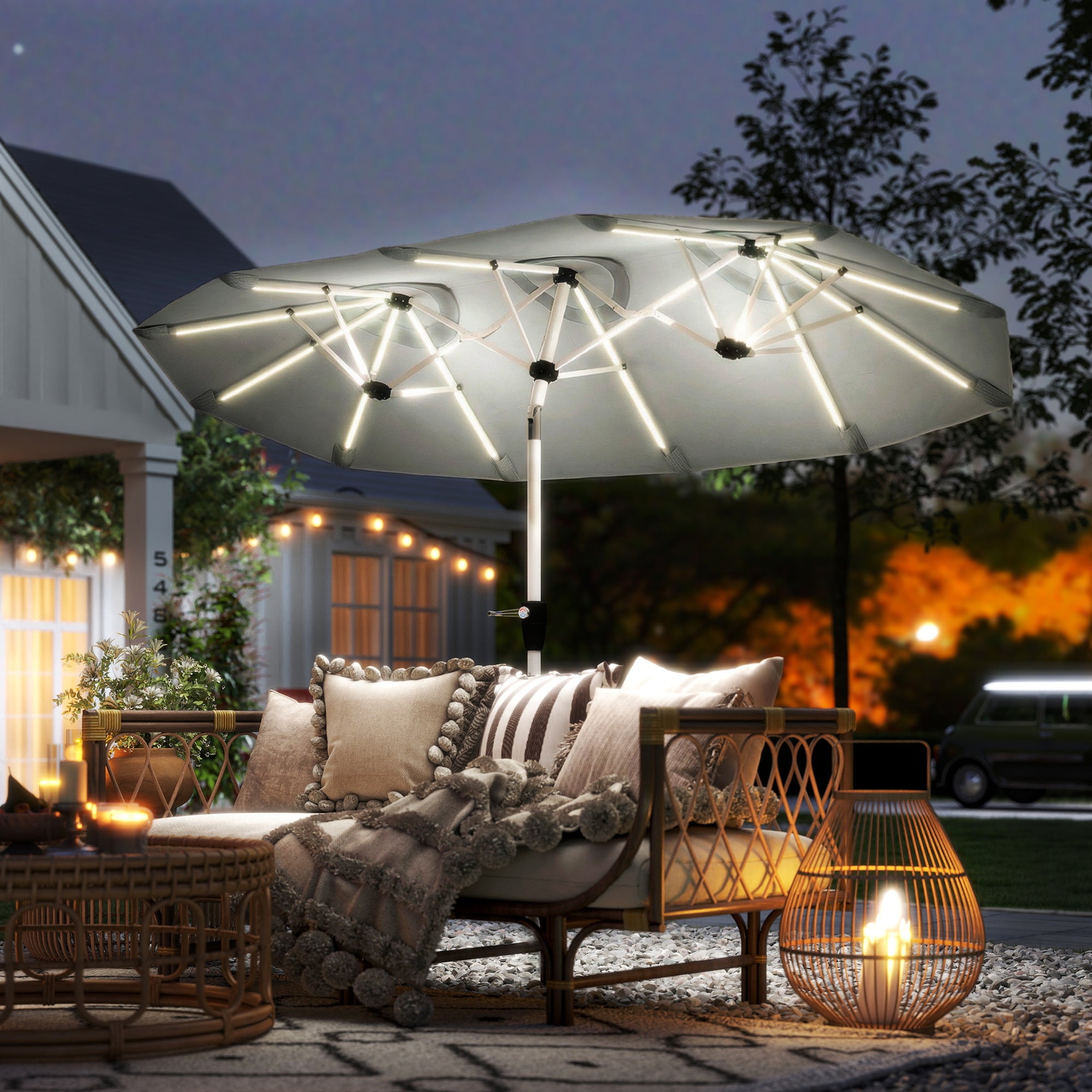3 m Double-Sided Garden Parasol with LED Solar Lights, Outdoor Extra Large Sun Umbrella with Crank Handle, Grey