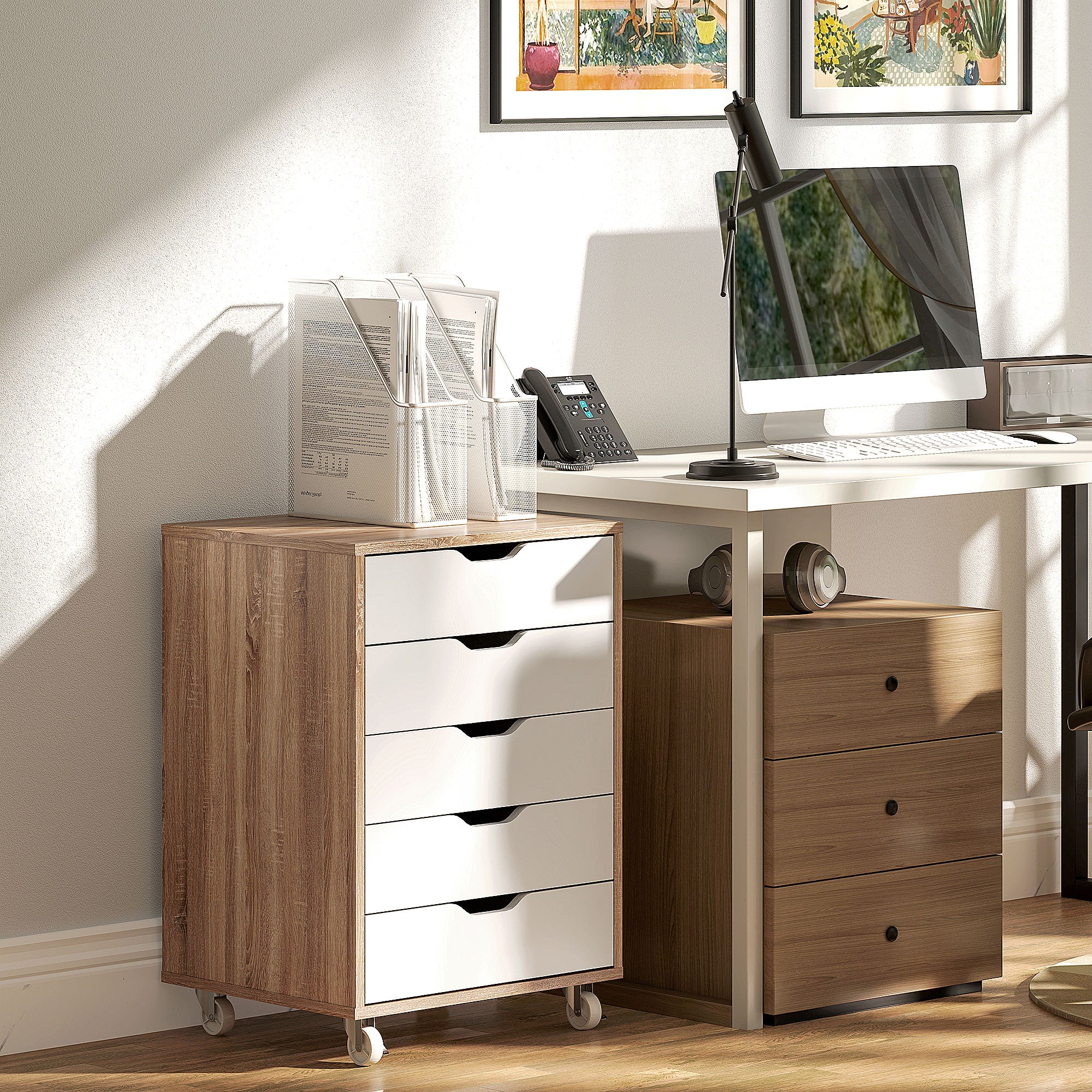 Five-Drawer Filing Cabinet with Wheels - Oak Brown
