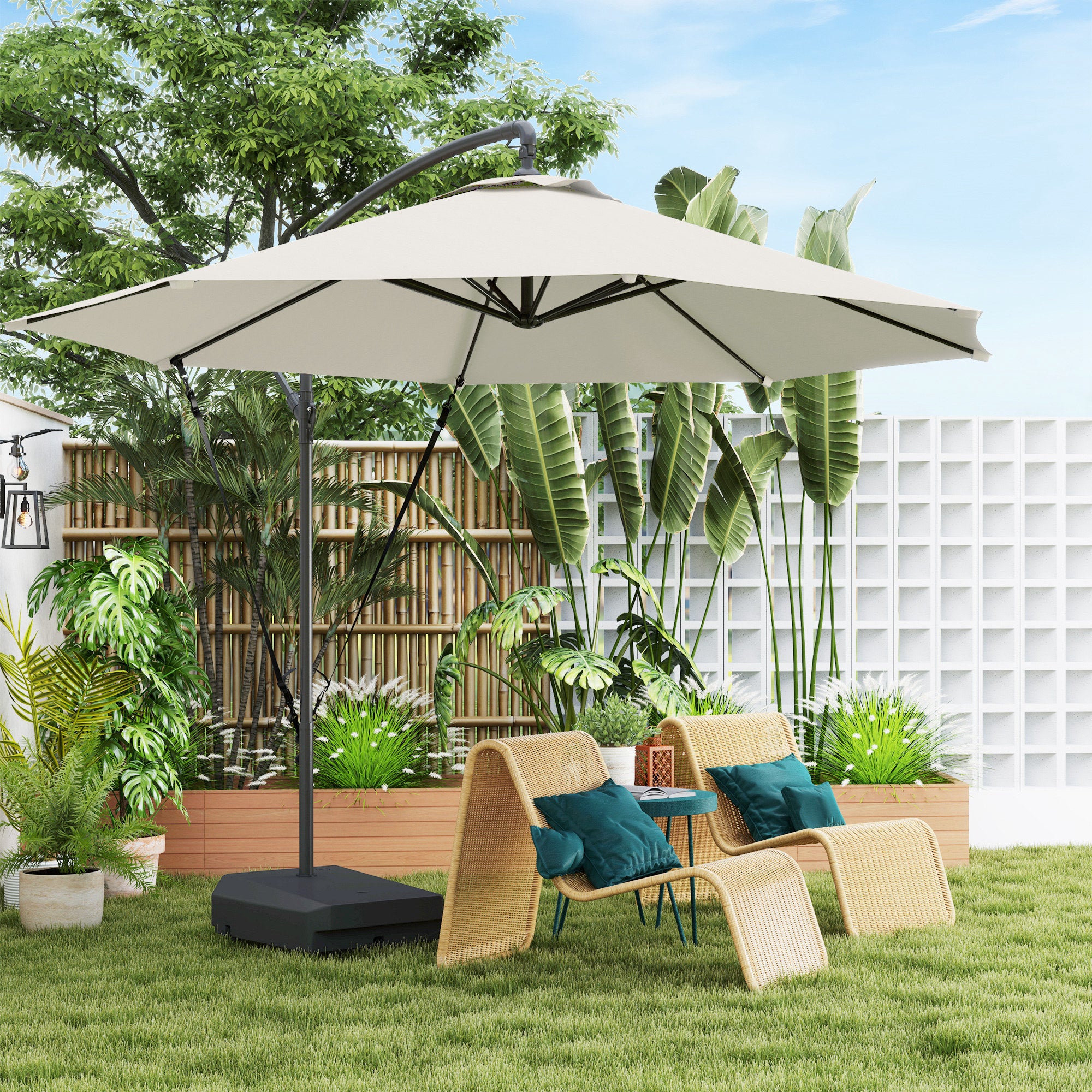 3m Garden Cantilever Parasol with Fillable Base, Wind Straps, Crank Handle & Tilt, UPF50+ Sun Shade - Cream