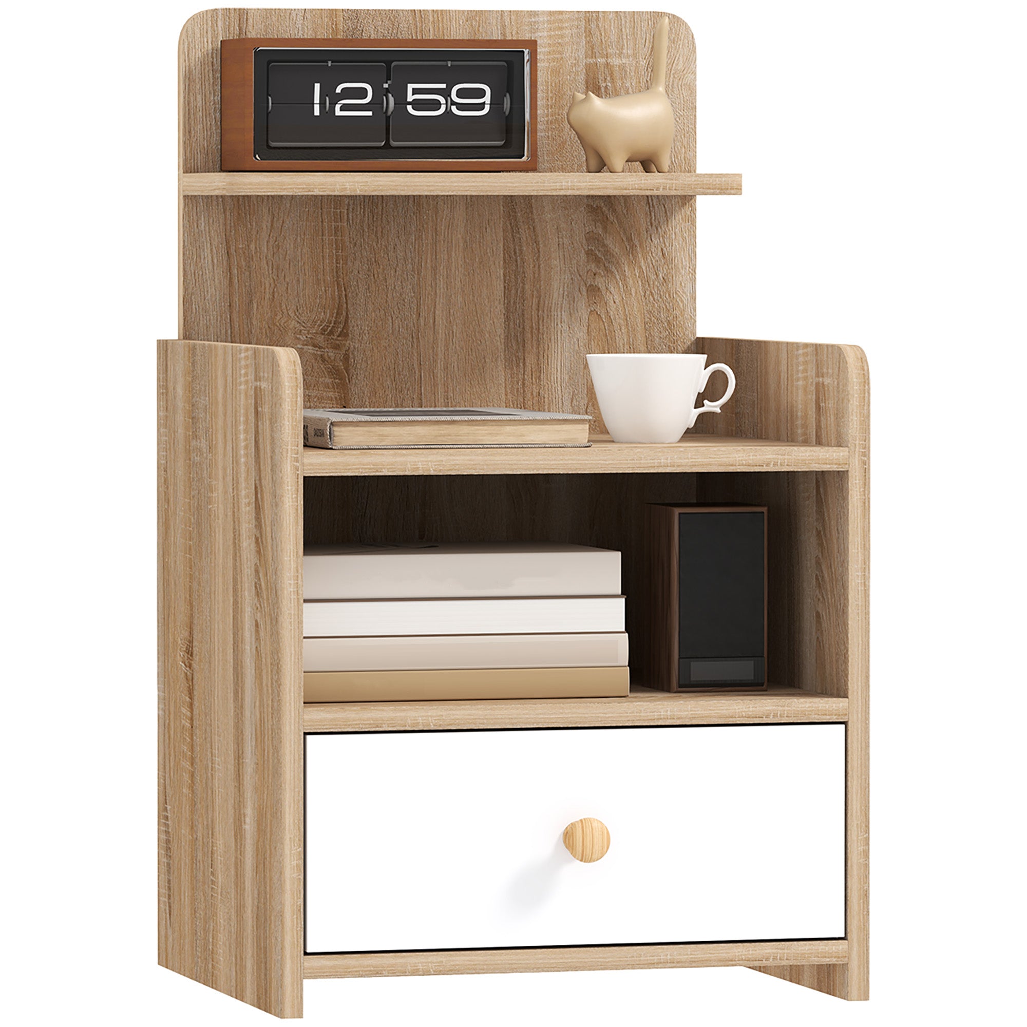 Multi-Storage Bedside Table with Drawer and Shelves - White/Wood-Effect