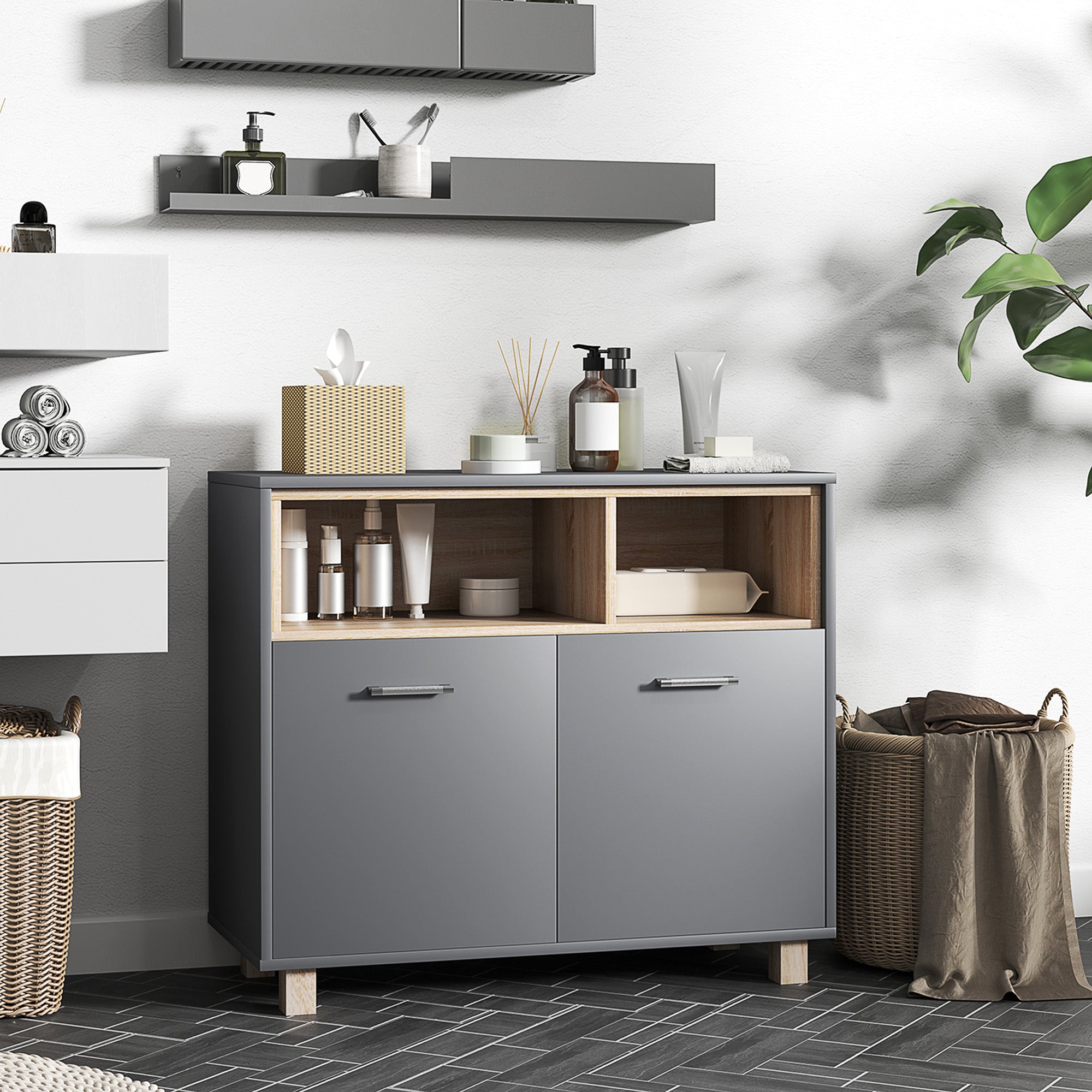 Freestanding Bathroom Cabinet, Bathroom Storage Unit, Bathroom Storage Cabinet with Open Compartments and Double Doors