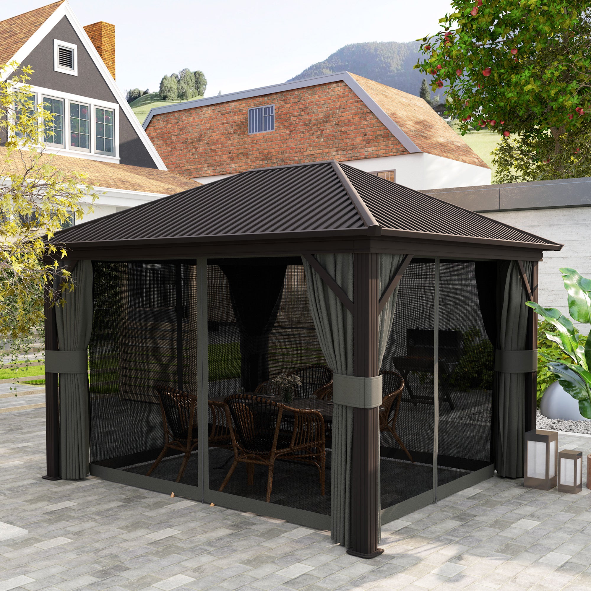 3.6 x 3m Aluminium Frame Hardtop Gazebo with Accessories - Dark Grey