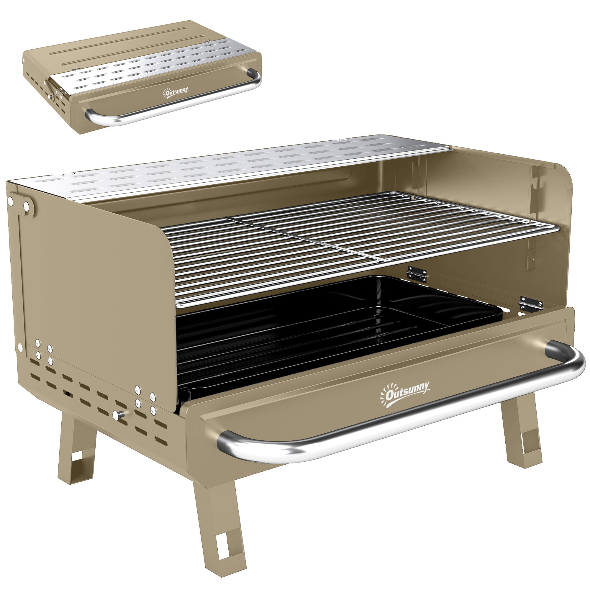 Portable BBQ Grill, Charcoal Barbecue Grill with Adjustable Grates, Foldable Legs, Side Shelf for Camping Travel, Khaki