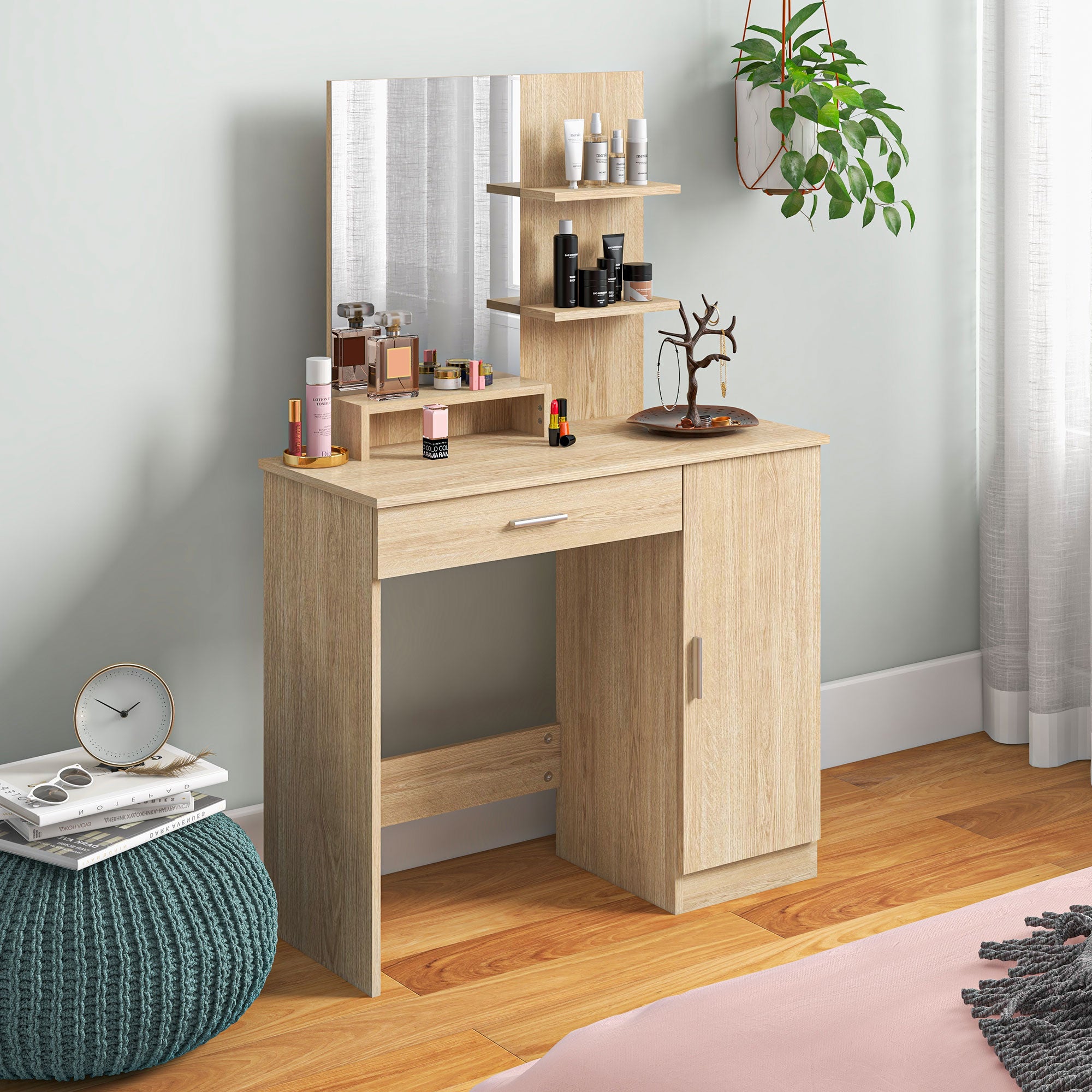 Simple Modern Dressing Table with Storage - Maple Wood-effect