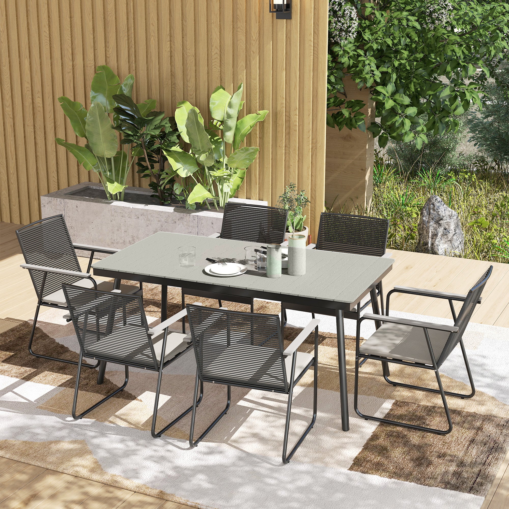 6 Seater Garden Dining Set with Weatherproof Table and Soft Cushions - Grey