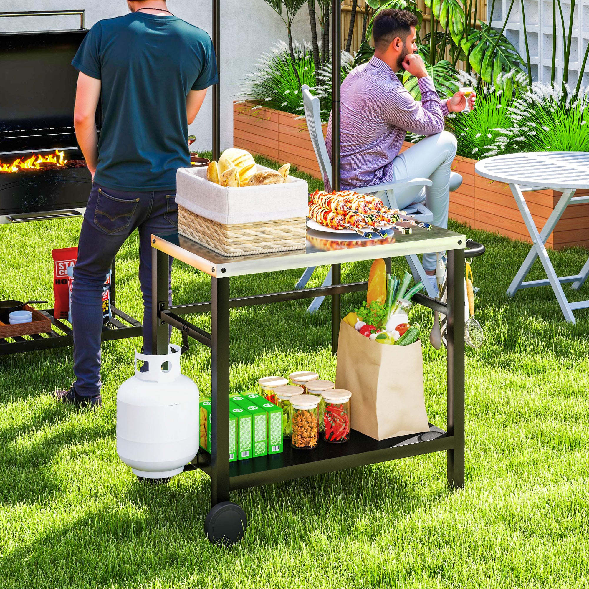 Outdoor Grill Dining Cart with 2 Shelves, Stainless Steel Top, Wheels & Hooks - Charcoal Grey