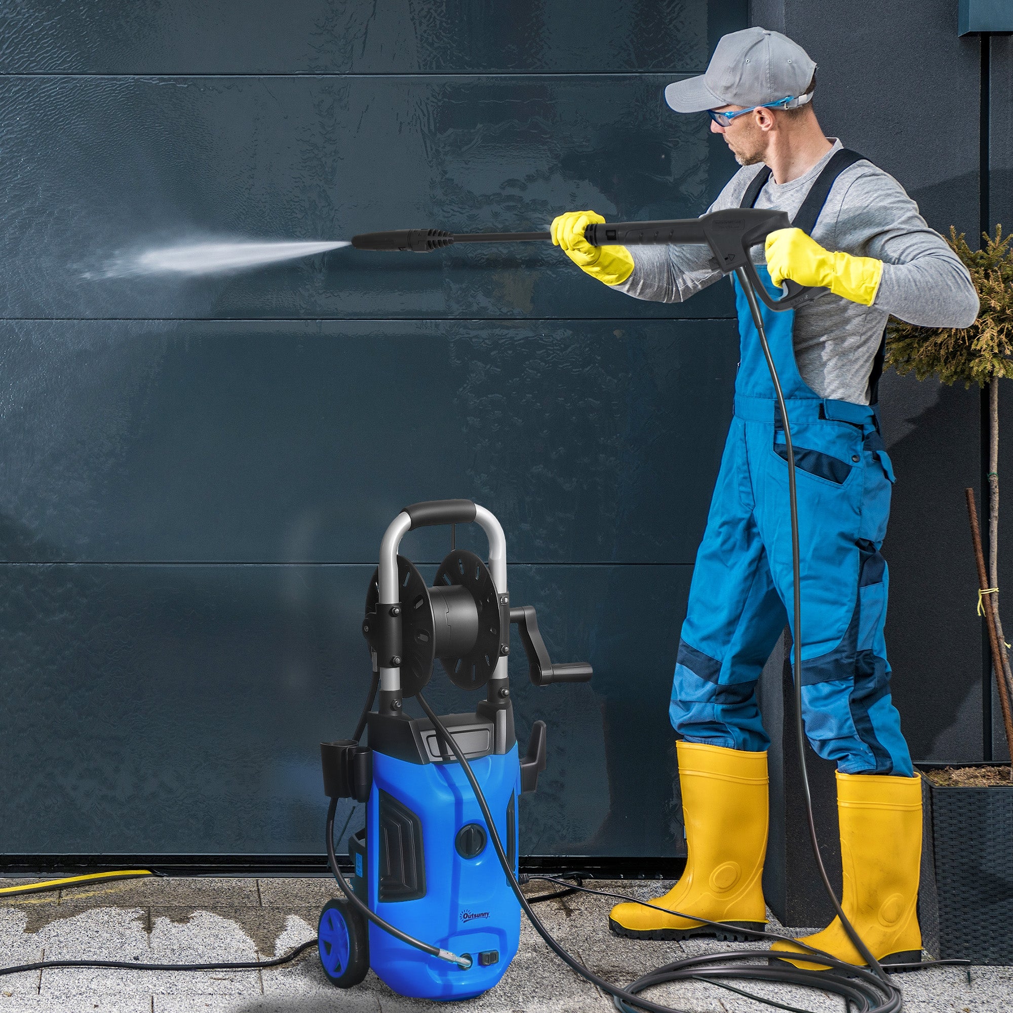 1800W High Pressure Washer with Adjustable Nozzle and Hose Reel - Blue