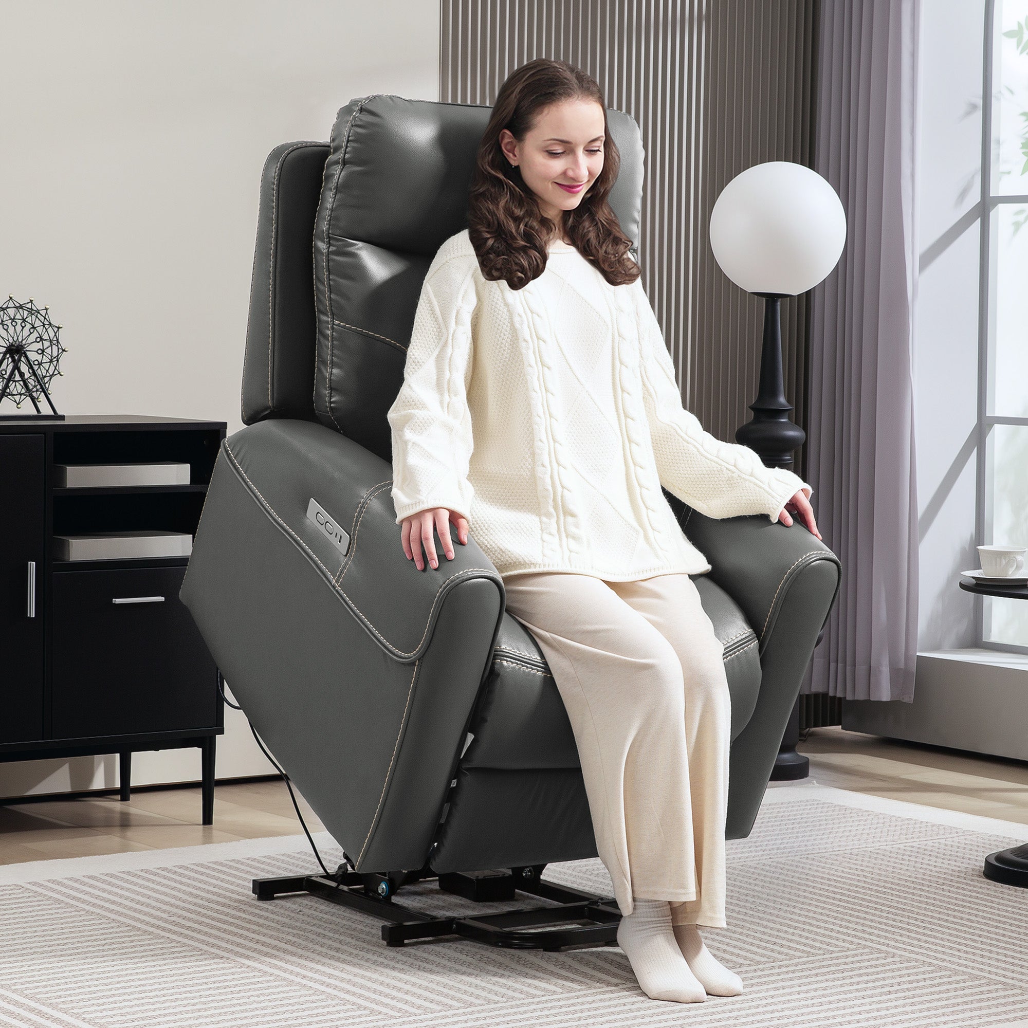 Electric Riser Recliner Chair with USB Ports – Charcoal Grey Faux Leather