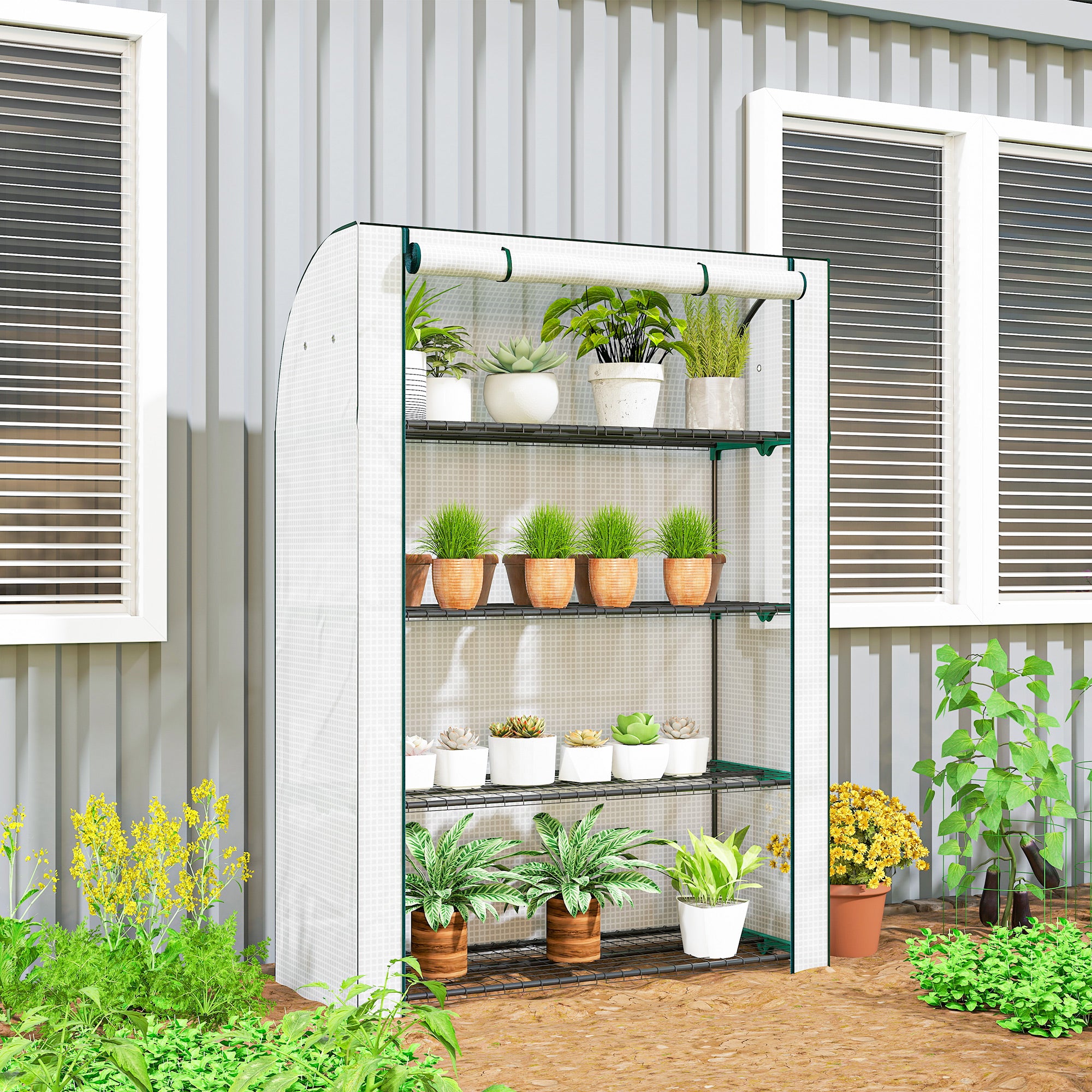 Mini Greenhouse with Reinforced PE Cover, Portable Indoor Outdoor Green House with Roll-up Door, 170 x 120 x 50cm, White