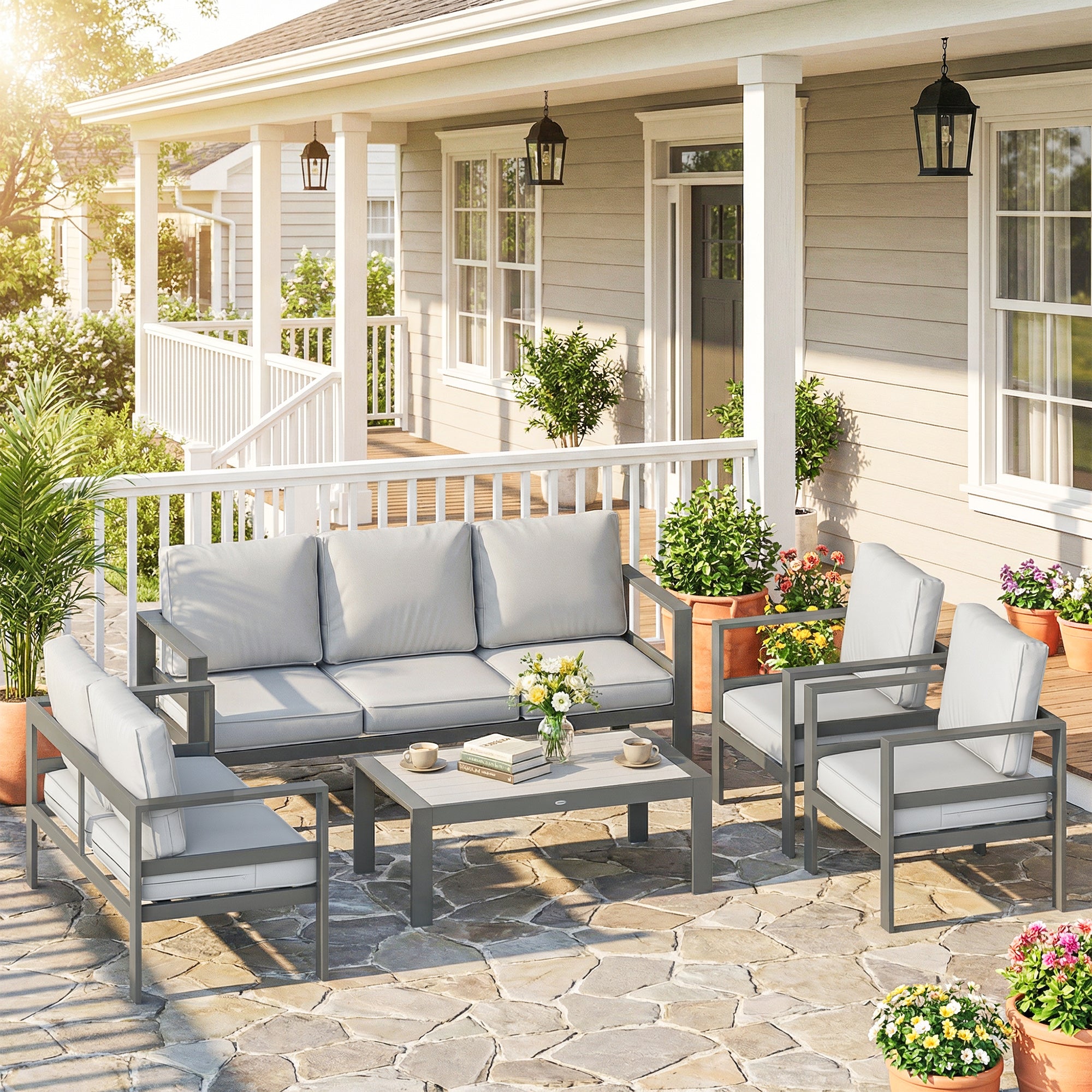 5 Pieces Aluminium Garden Furniture Set with Olefin Cushions, Extra Deep Outdoor Garden Sofa Set, Dark Grey