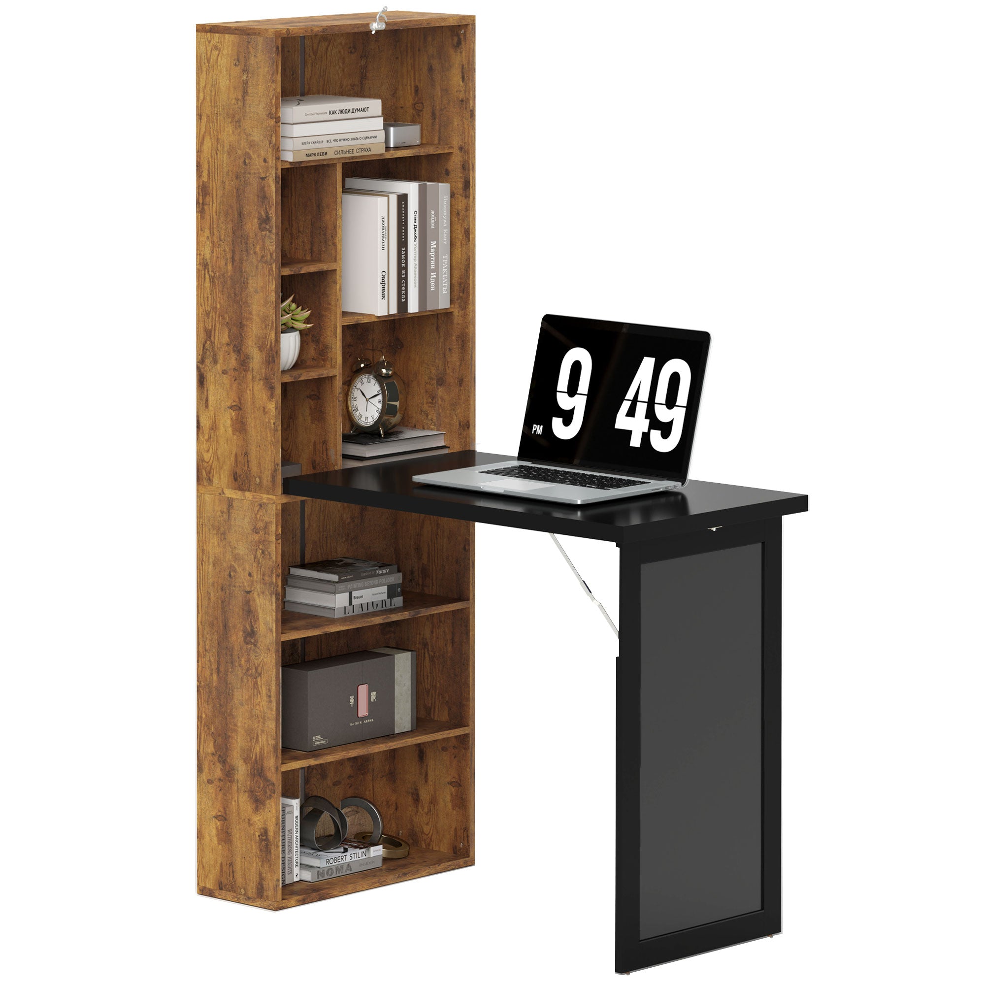 Folding Desk with Blackboard Multi-function Computer Office Workstation Side Shelf for Home Office, Rustic Brown