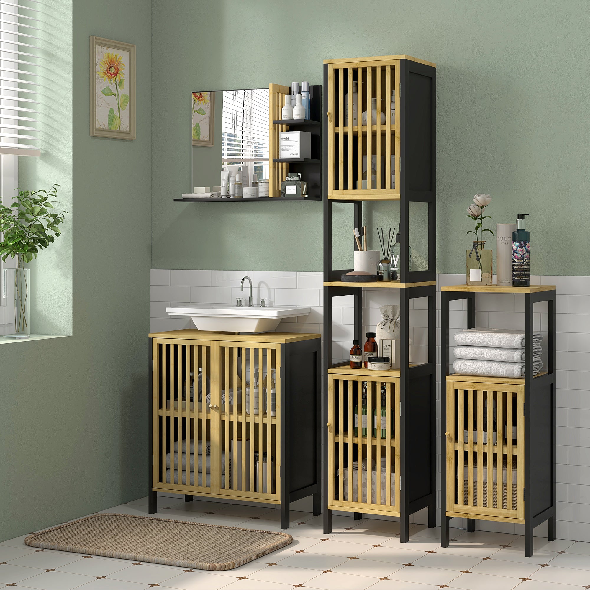 Bamboo-Blend Retro Cut-Out Under Sink Cabinet with Adjustable Shelves - Black Natural