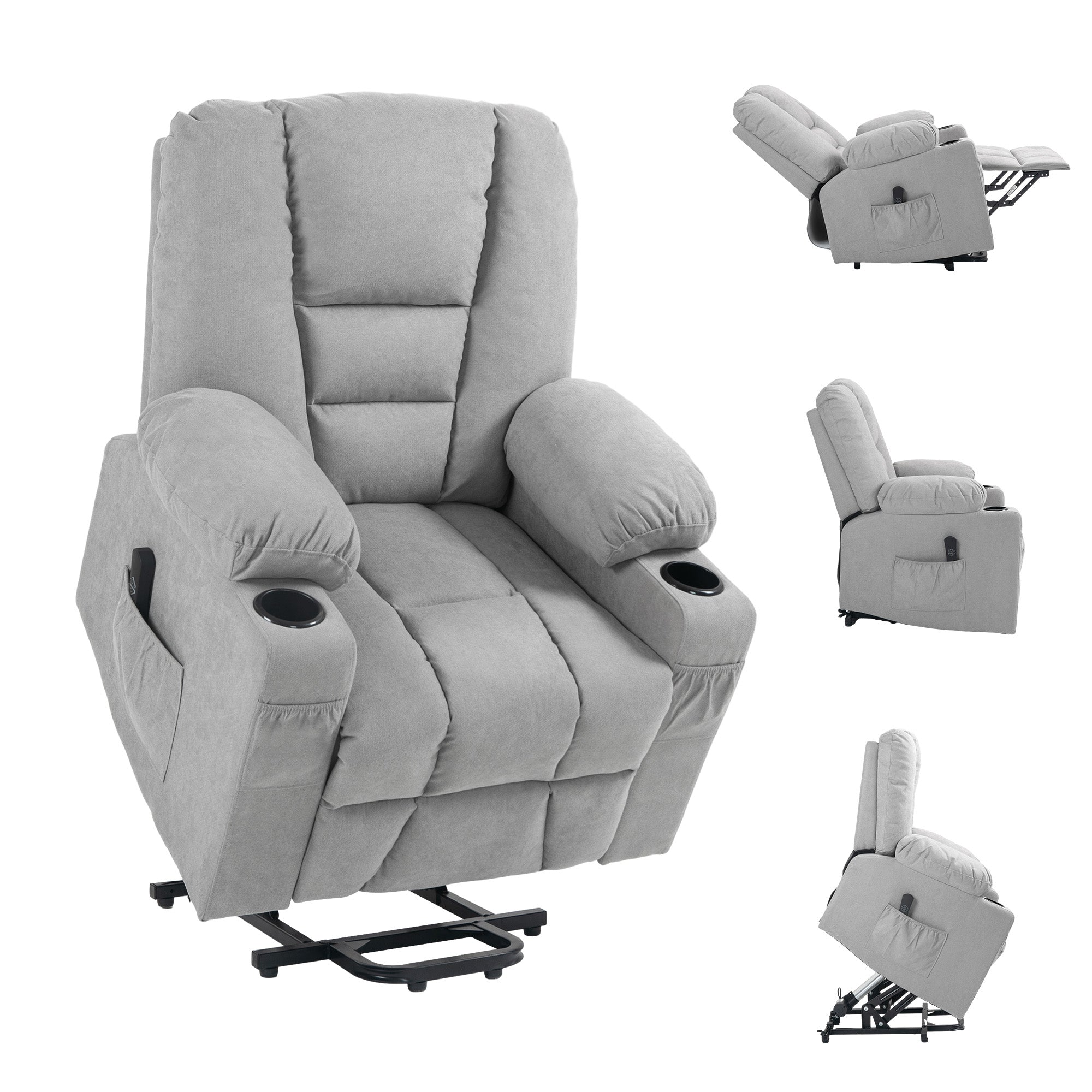 Oversized Power Lift Riser Recliner Chair with Cup Holders – Light Grey Linen Look