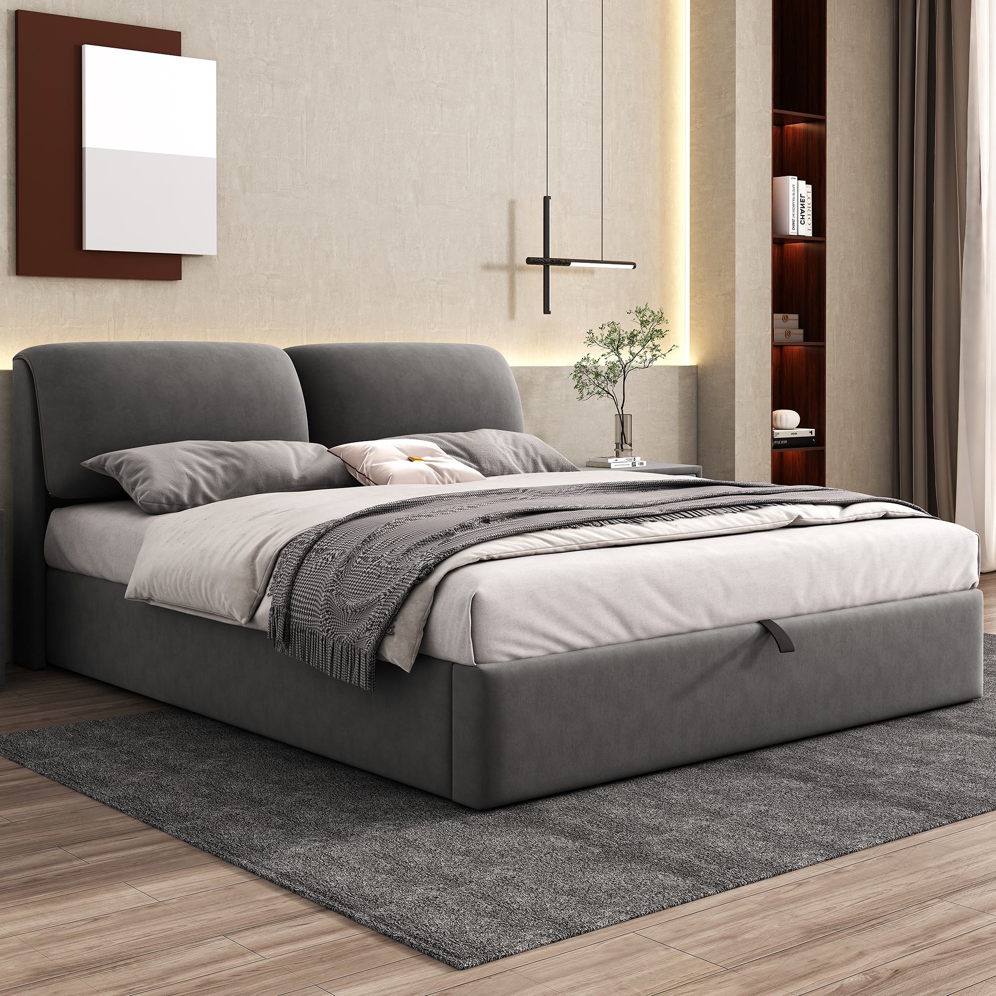 King Size Upholstered Bed with Hydraulic Storage and 3 Drawers - Grey Velvet
