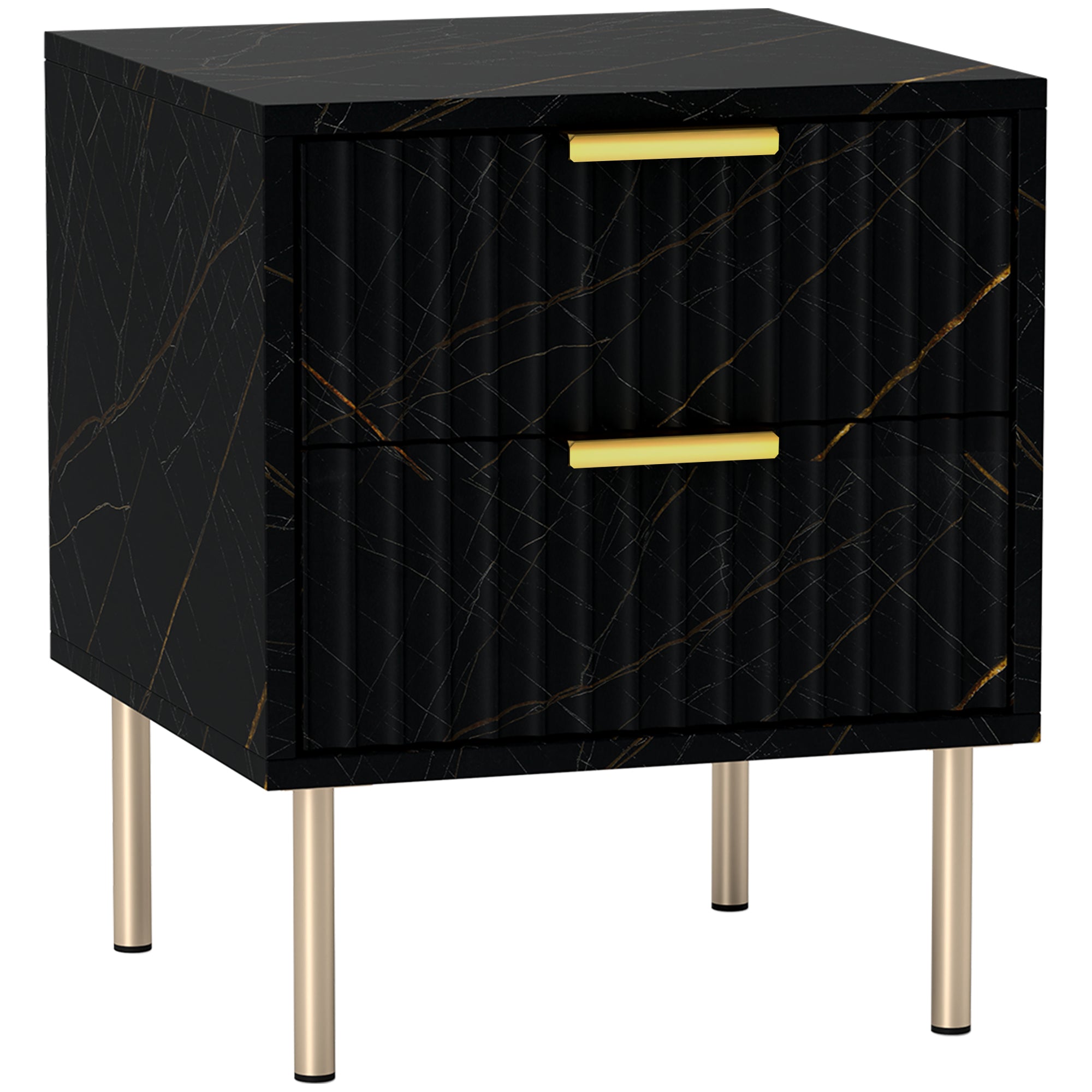 Elegant Two-Drawer Bedside Table with Marble Pattern and Gold Accents - Black