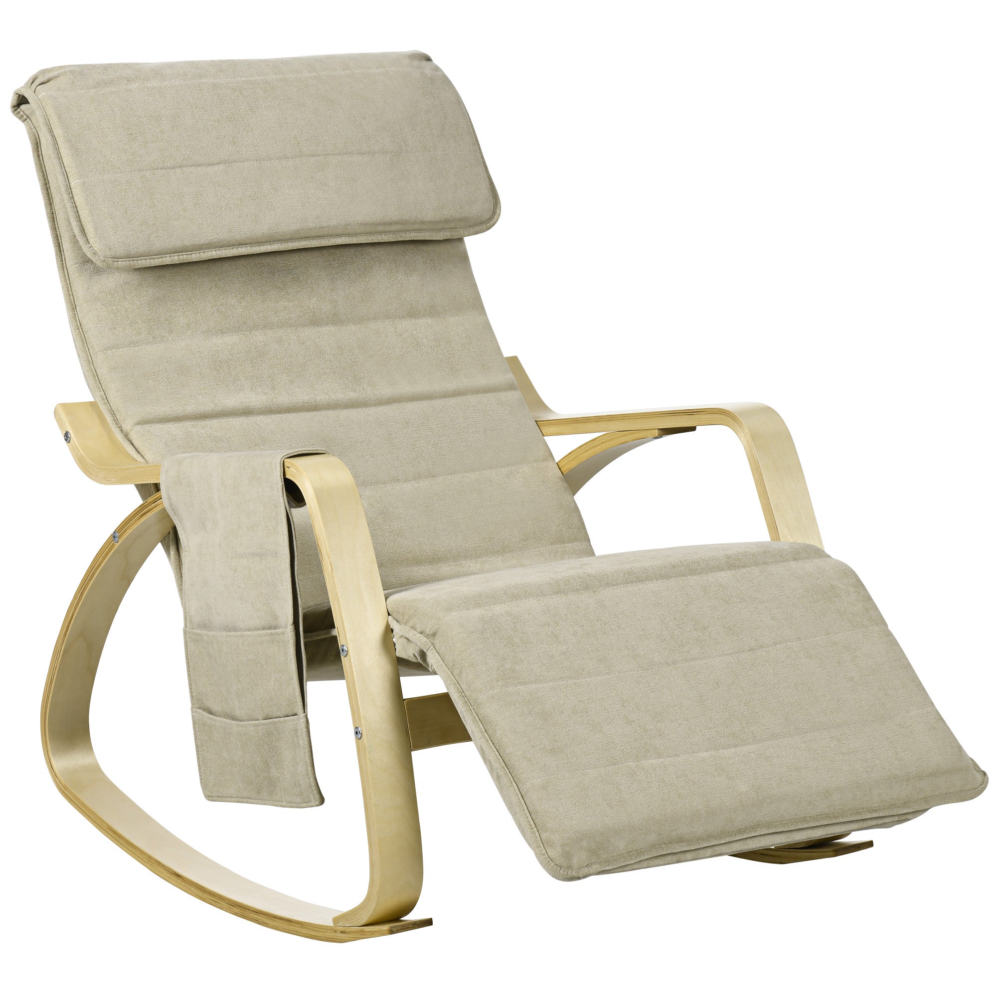 Rocking Lounge Chair Recliner Relaxation Lounging Relaxing Seat with Adjustable Footrest, Side Pocket and Pillow, Khaki