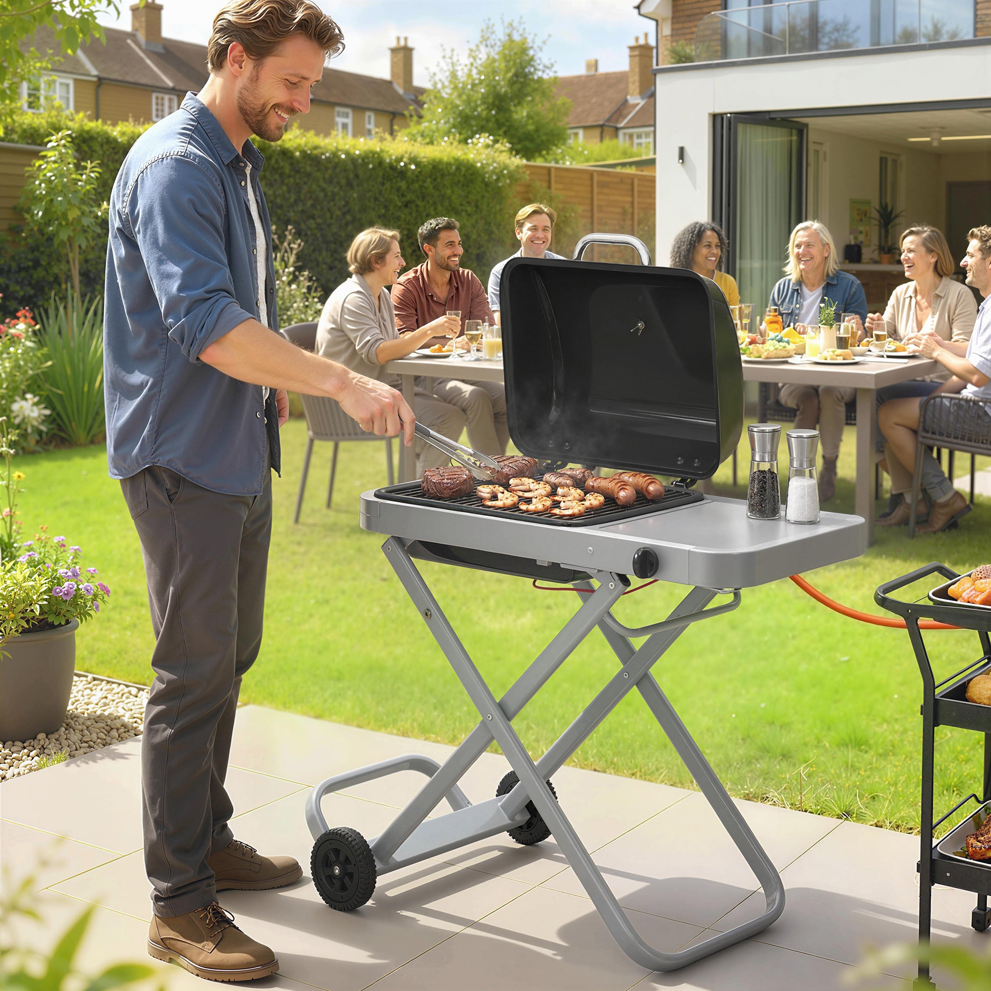Foldable Gas BBQ Grill with Side Table, Portable Gas Barbecue Grill with Thermometer, Grease Box, Wheels, 2.5 kW, Black
