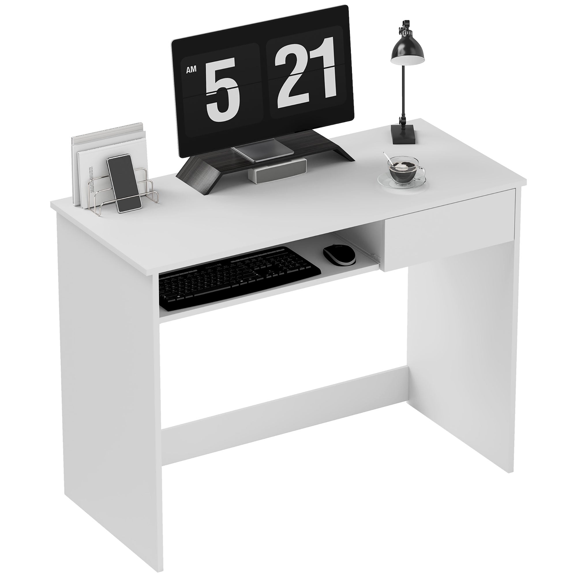 Compact Computer Desk with Keyboard Tray, Home Office Desk with Drawer for Bedroom Study, White