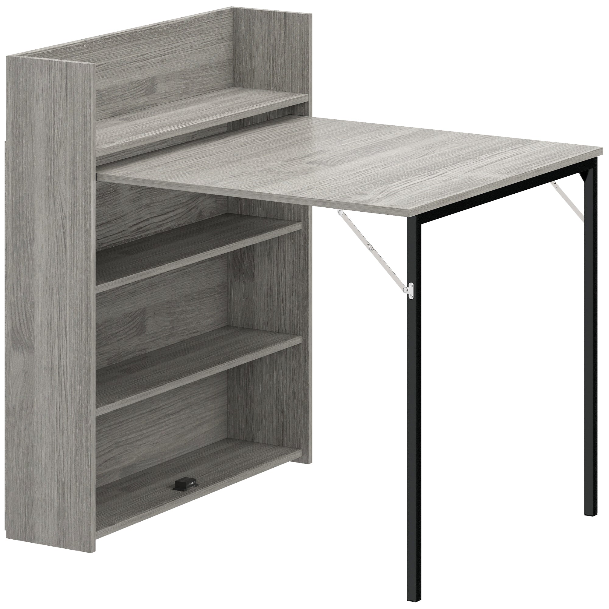 Kitchen Table, Folding Dining Table, with 4-Tier Shelves, Modern Drop-Leaf Table, Grey Wood Effect