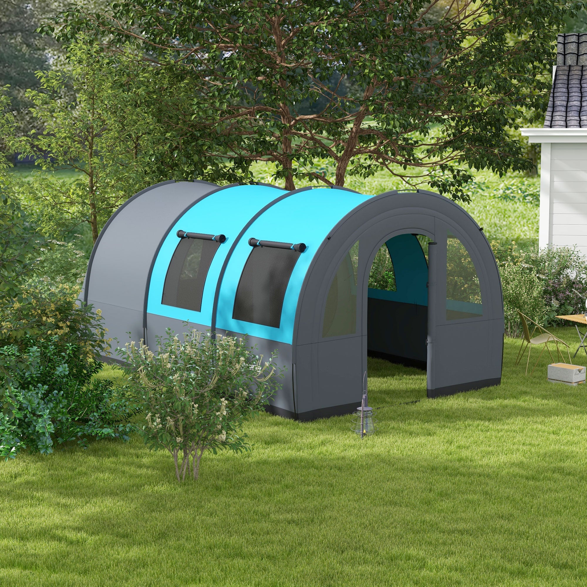 Six Man Tunnel Tent with Dual Rooms and Water-Resistant Shell - Grey and Blue