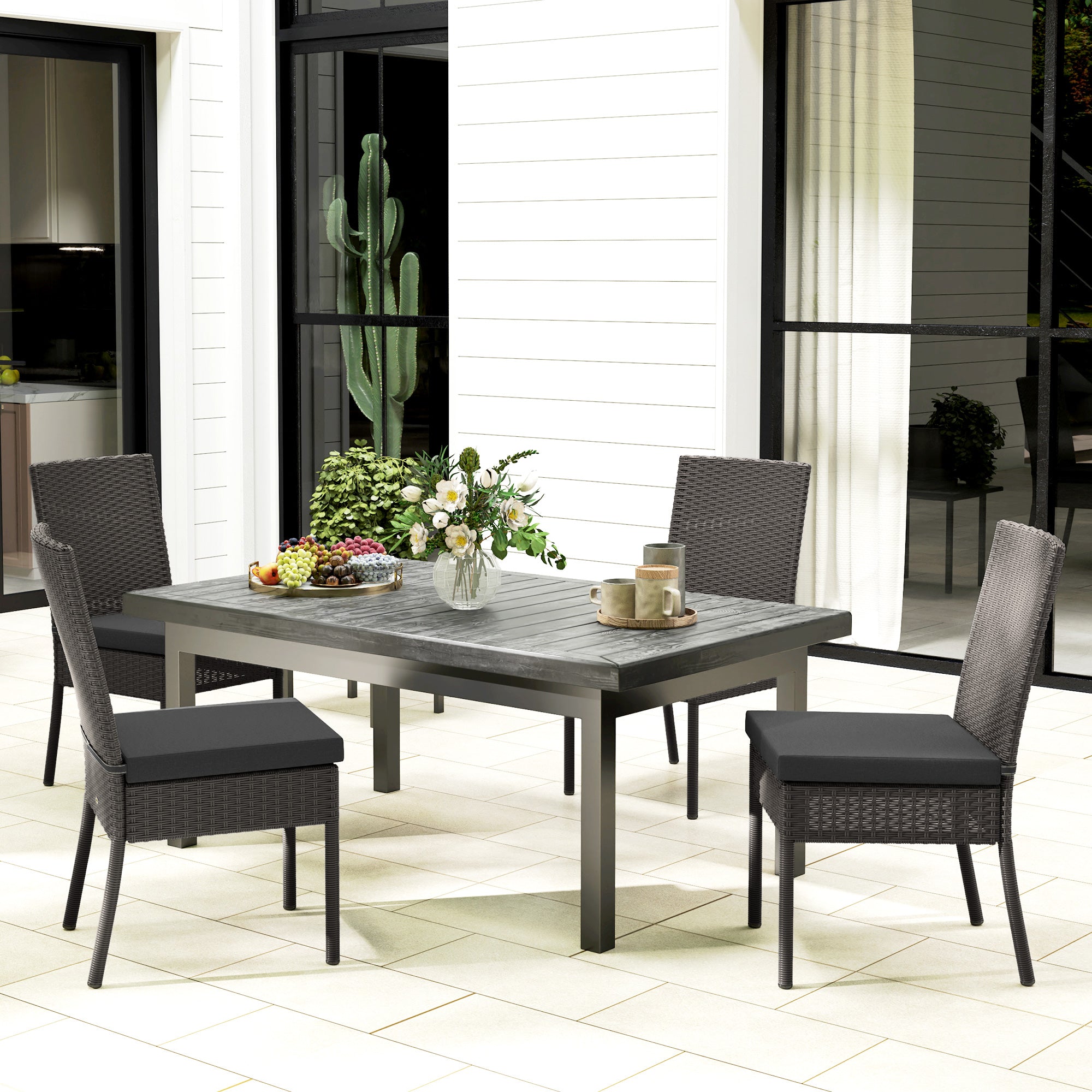 Set of Four Armless Rattan Garden Chairs - Dark Grey