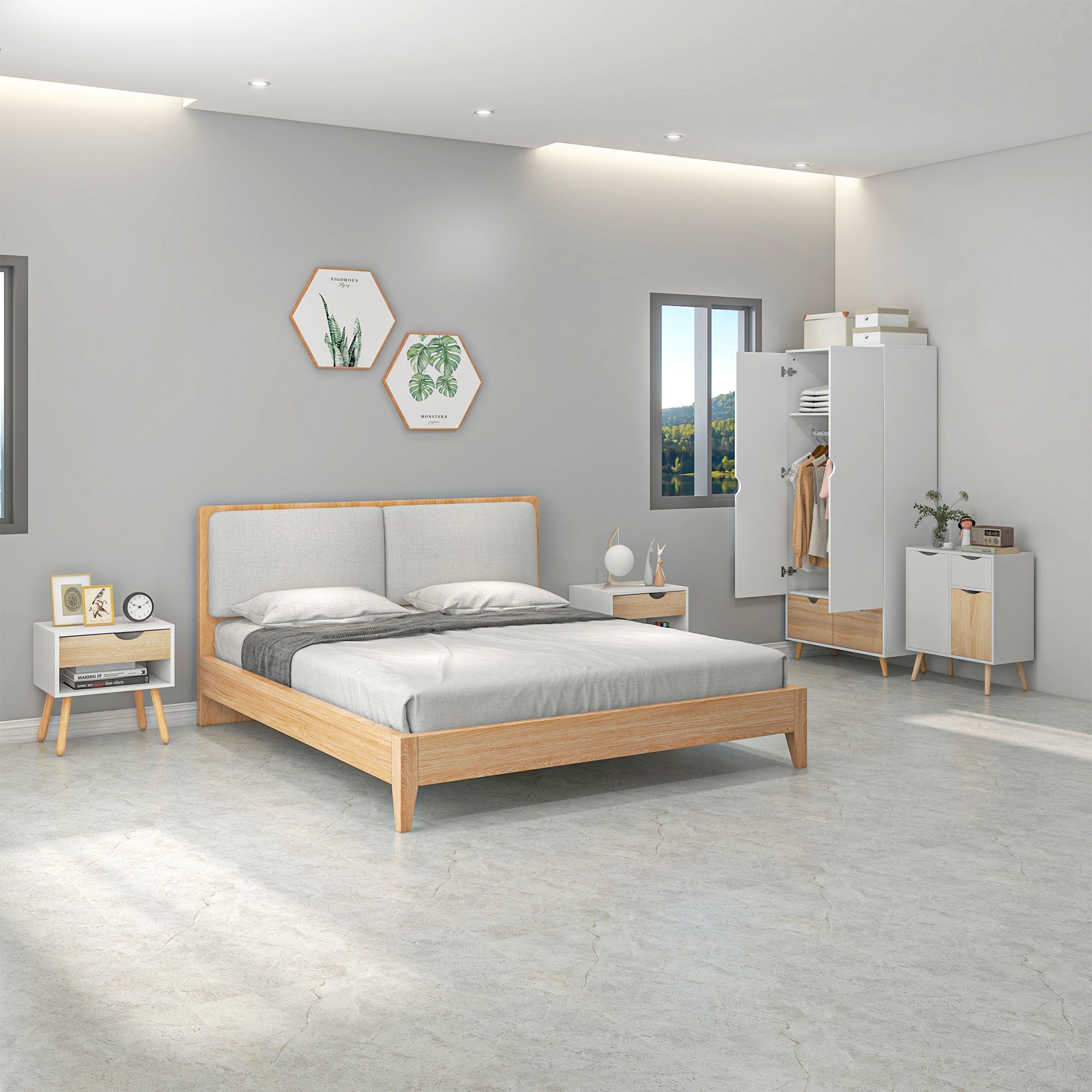 Bedroom Furniture Set with Wardrobe and Bedside Table in Nature Wood Finish