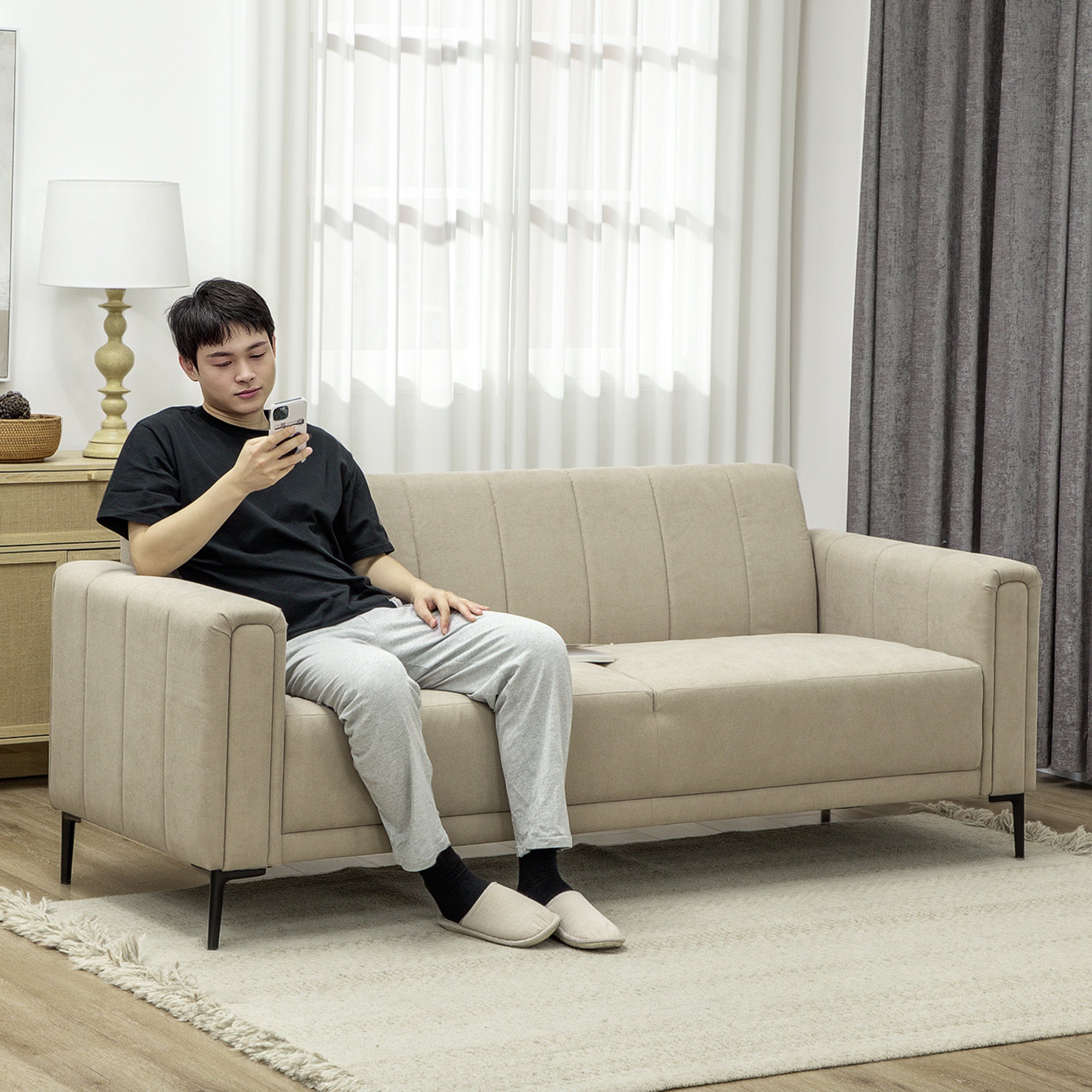 3 Seater Sofa, Modern Fabric Sofa Couch, Channel Tufted Upholstered Sofa Settee for Living Room, Guest Room, Bedroom, Home Office, Khaki