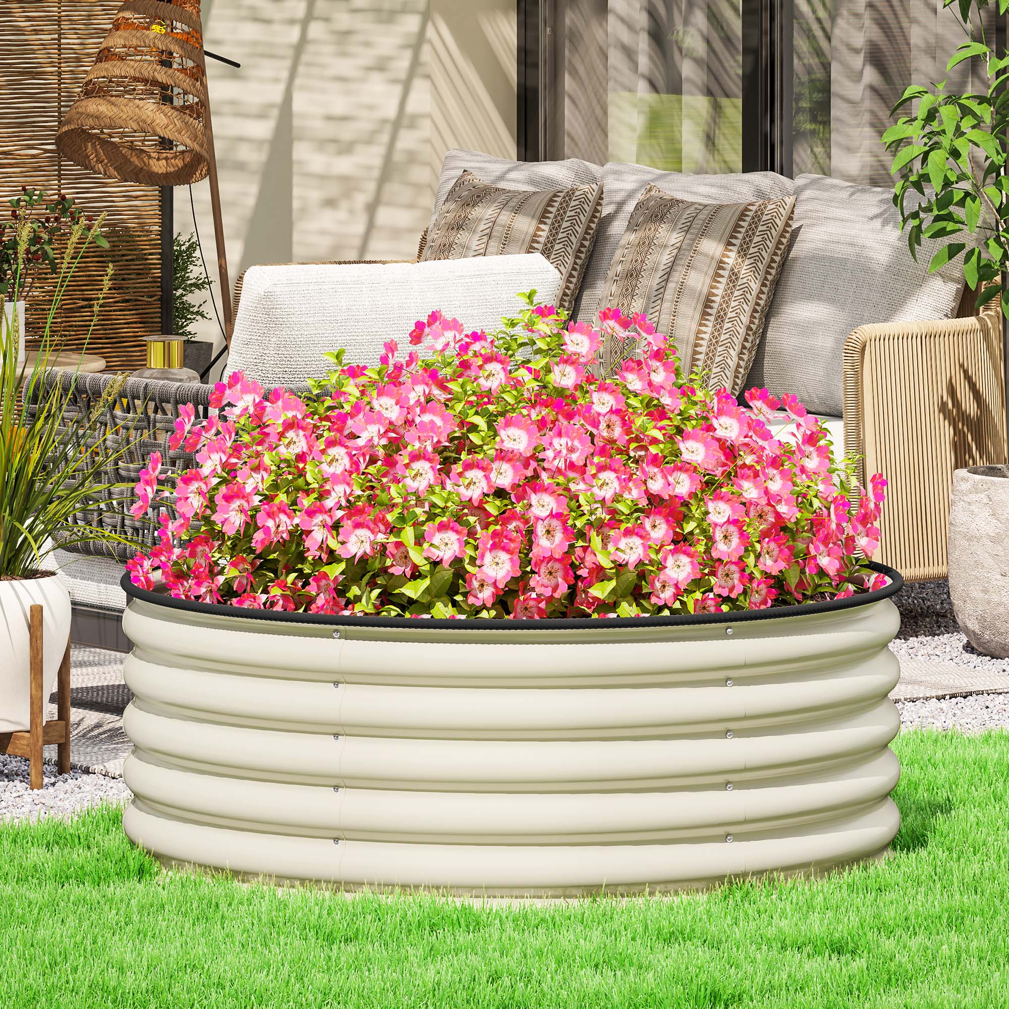 Galvanised Raised Garden Bed with Safety Edging and Gloves - Cream White