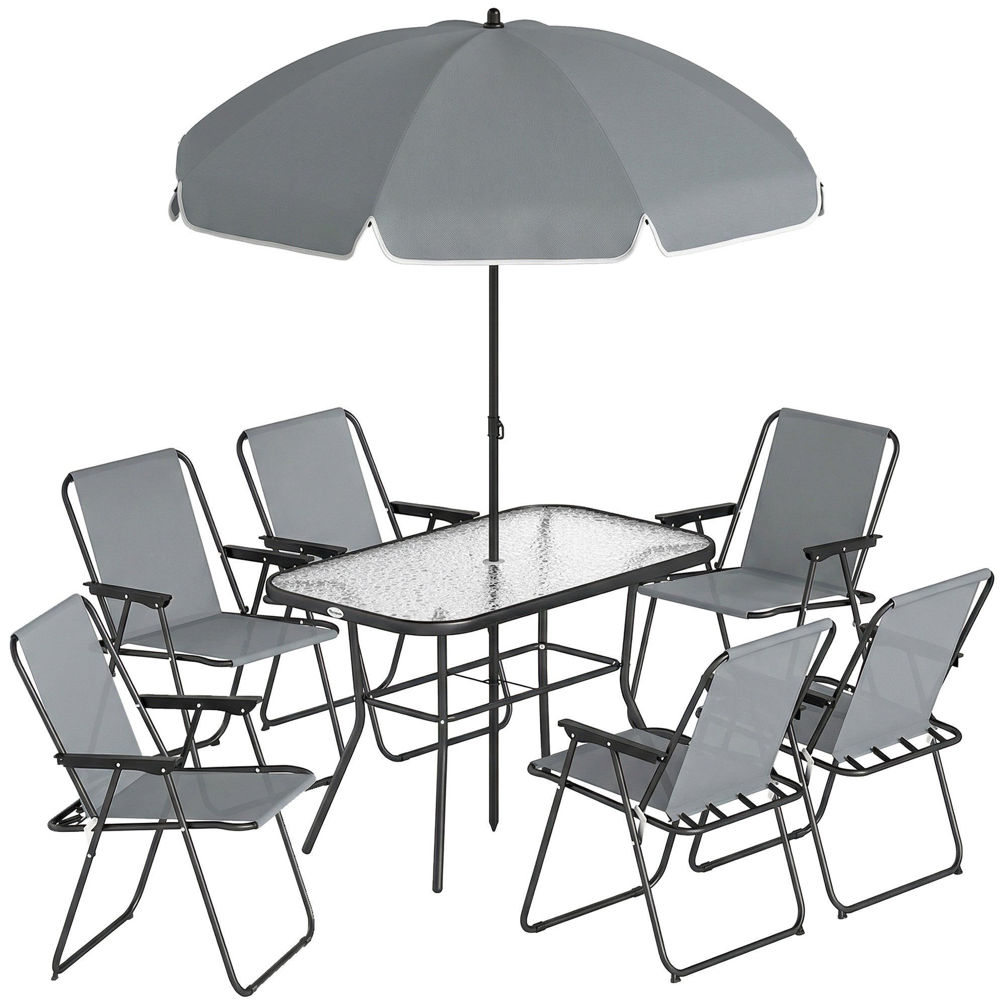8 Piece Garden Dining Set with Umbrella, Garden Furniture Set with 6 Folding Chairs, Tempered Glass Table for Patio Grey