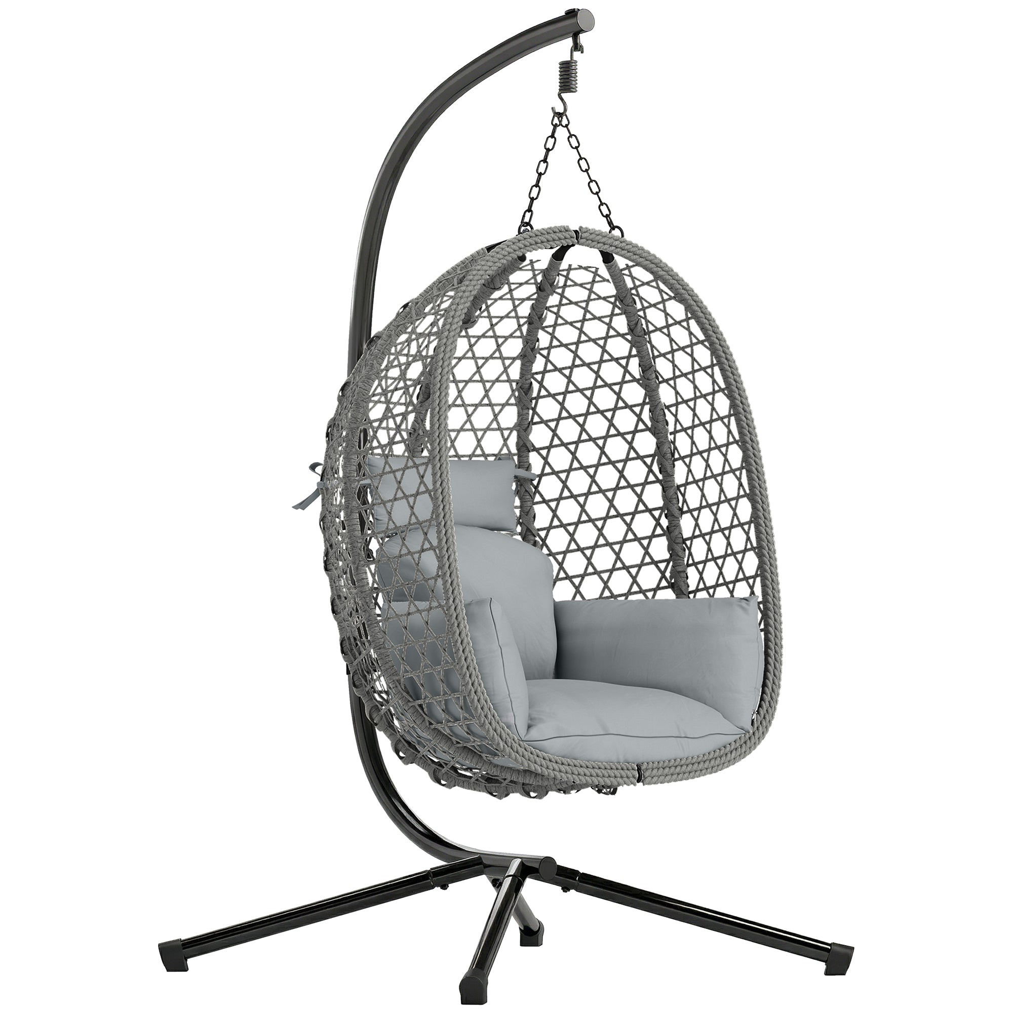 Hanging Egg Chair, Indoor Outdoor Rattan Hammock Swing Chair with Stand, Safety Strap, Foldable Basket, Dark Grey