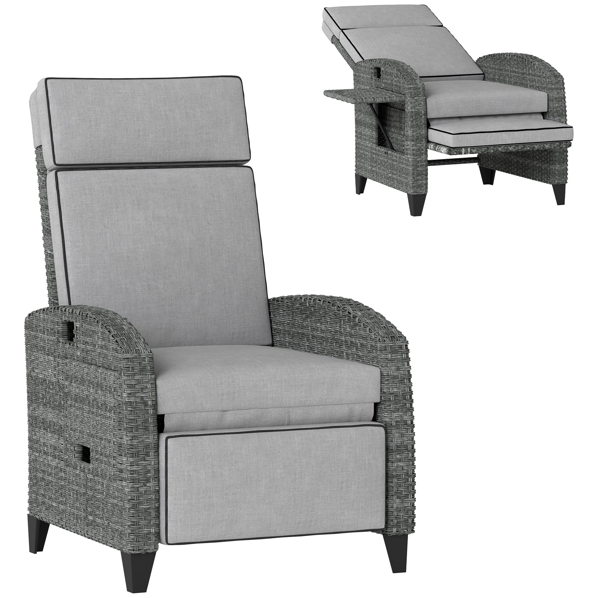 Outdoor Recliner Chair with Adjustable Backrest, Footrest, Cushion & Side Tray - Light Grey