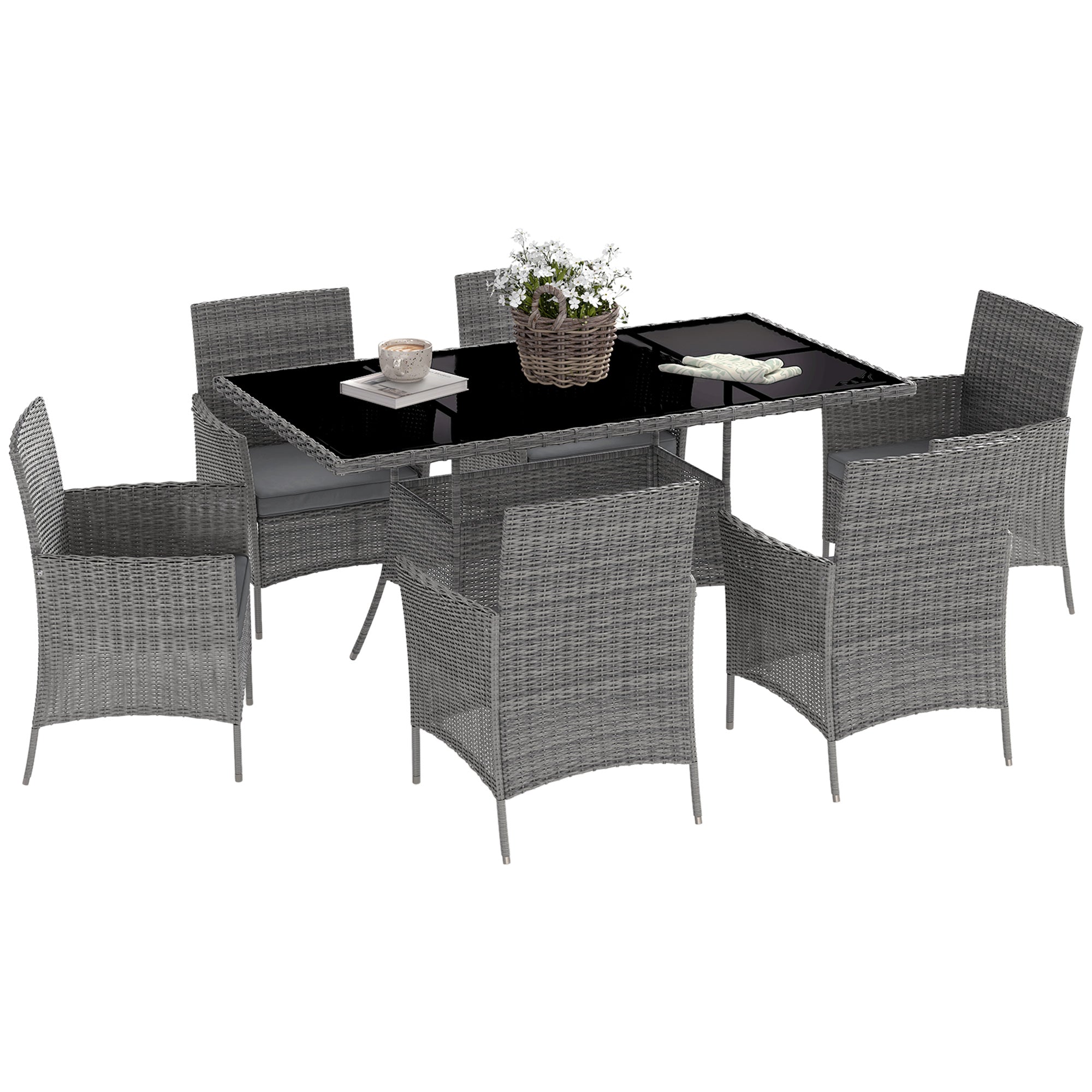 7-Piece 6-Seater Rattan Garden Dining Set with Cushions and Rectangular Glass Table - Charcoal Grey