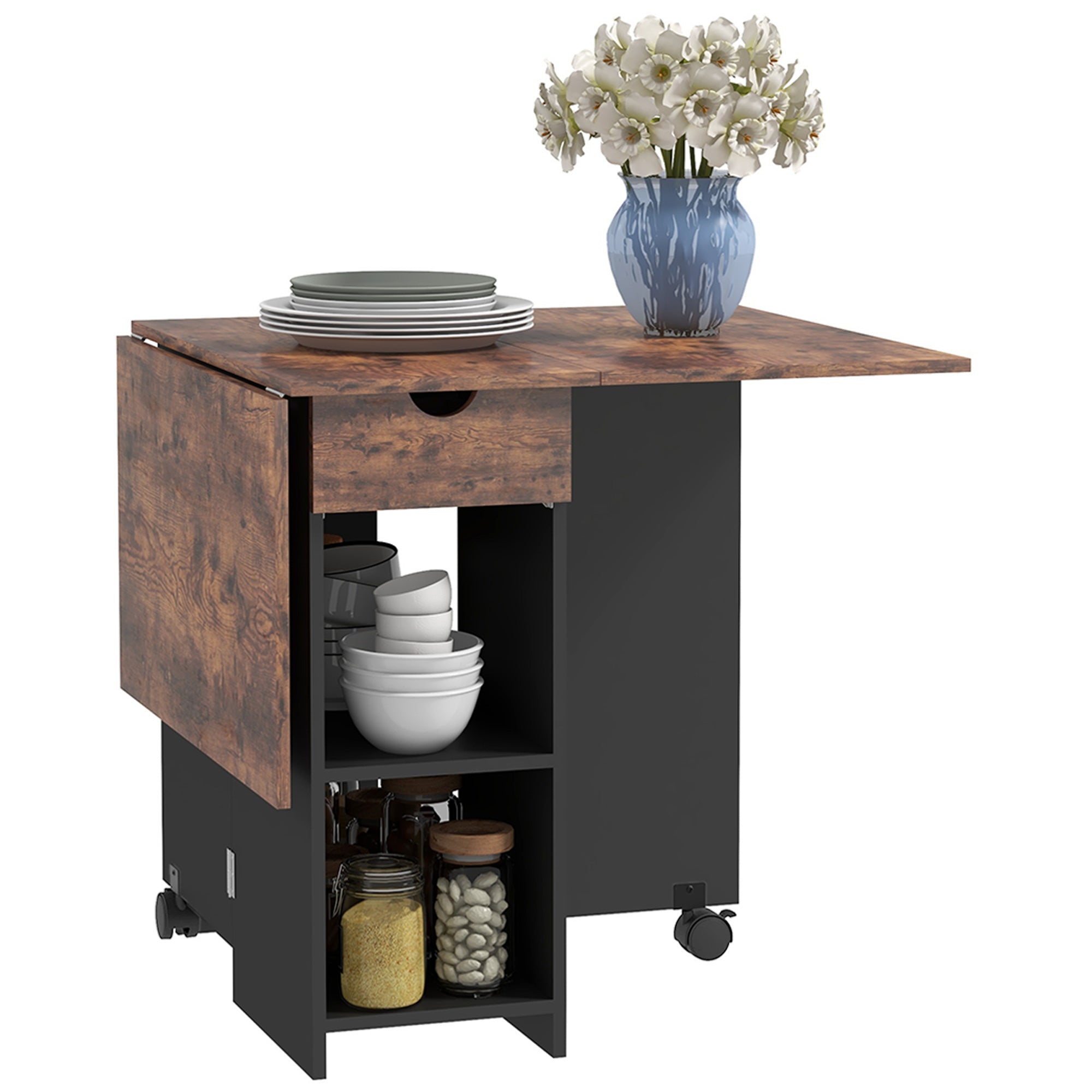 Folding Drop Leaf Dining Table with Drawer and Storage Shelves for Small Spaces - Rustic Brown