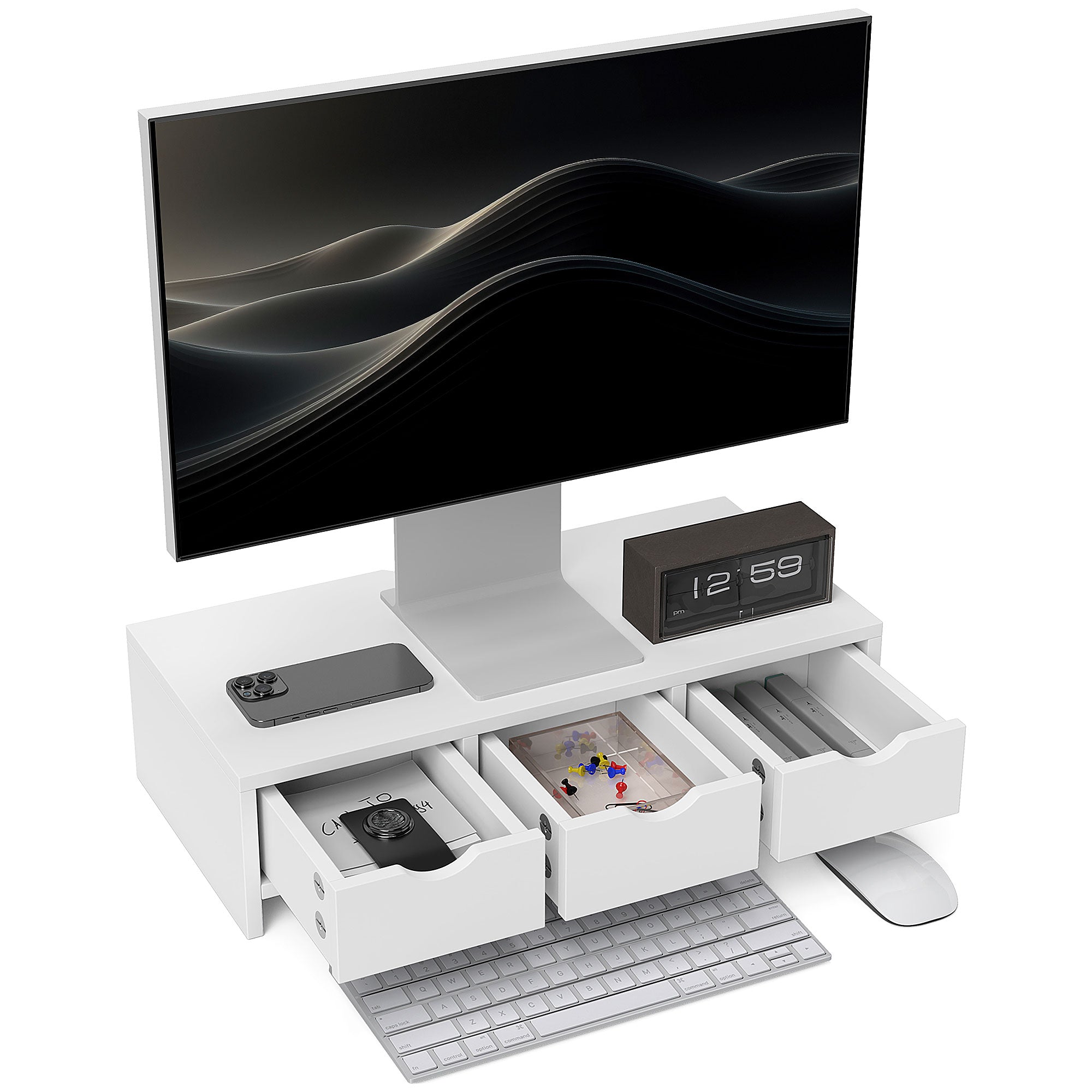 Monitor Stand Riser with 3 Drawers for Laptop, PC, Small Printer 51x24x13cm - White