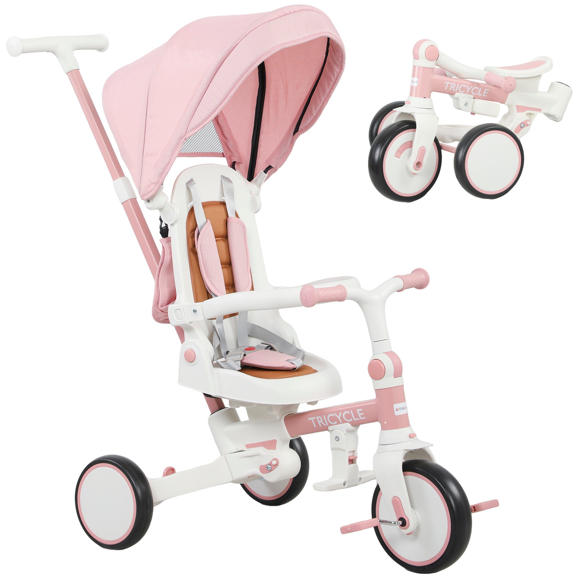 5 in 1 Kids Trike with Adjustable Backrest, Toddler Tricycle with Push Handlebar, Adjustable Backrest, Pink