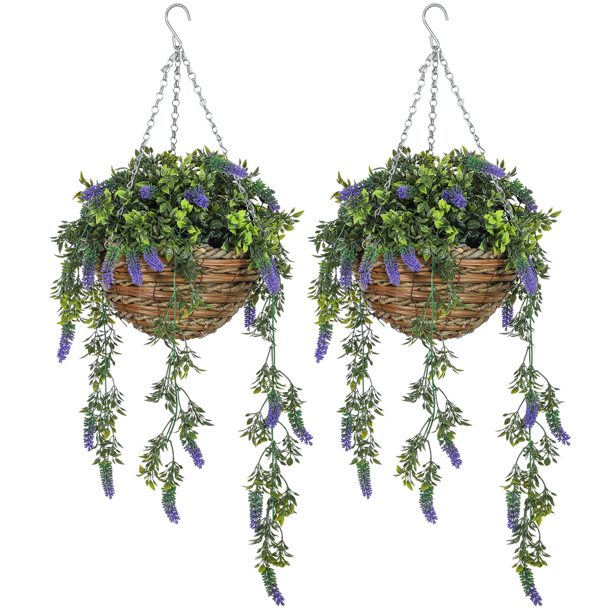 Set of 2 Decorative Artificial Plants, Faux Silk Lavender Flowers in Hanging Baskets, Fake Plants for Home Indoor Outdoor Decor, Purple
