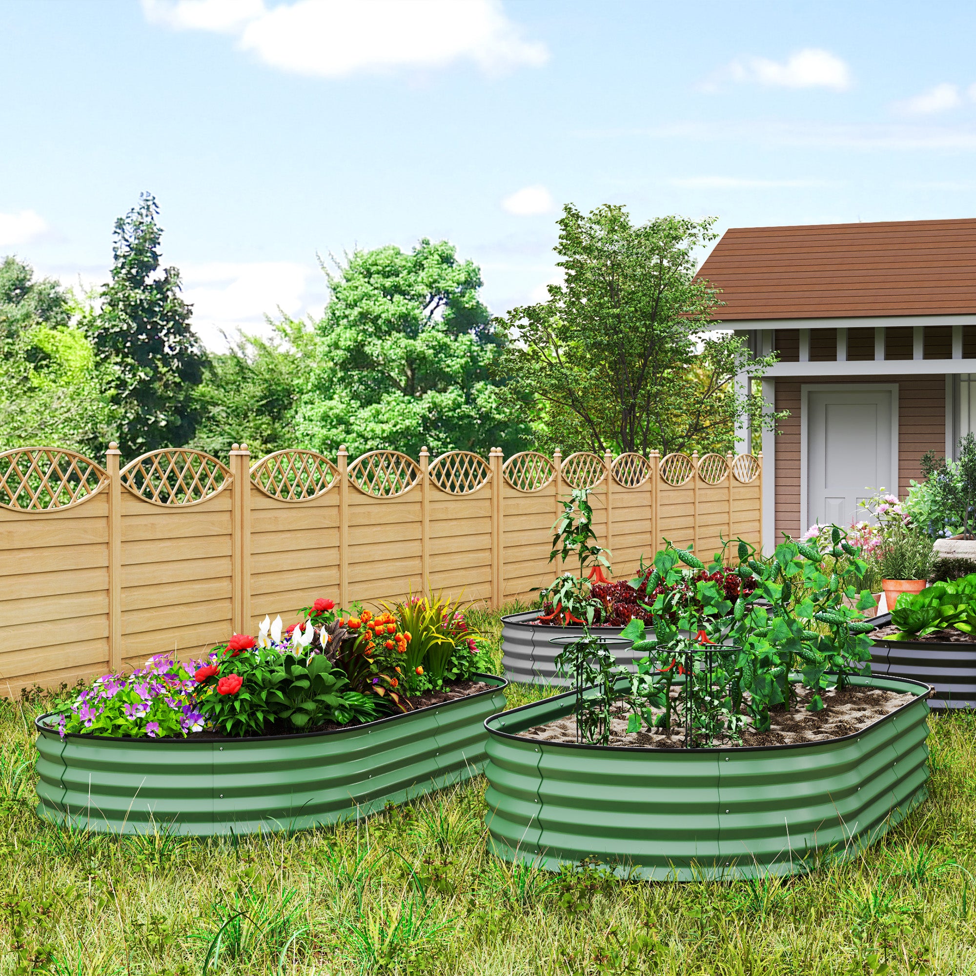 Set of 2 Galvanised Steel Raised Garden Planters - Green