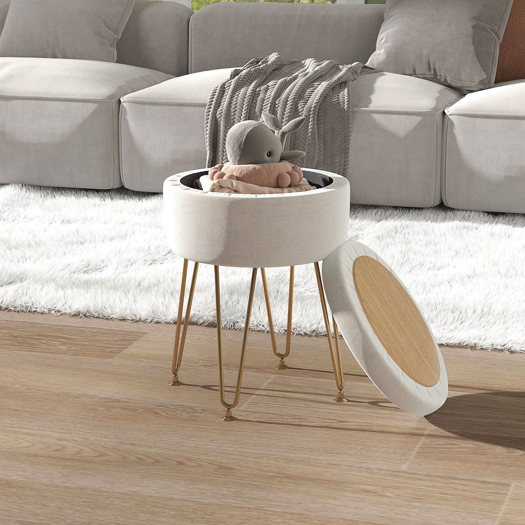 5L Velvet-Feel Storage Ottoman with Gold Legs - Cream White