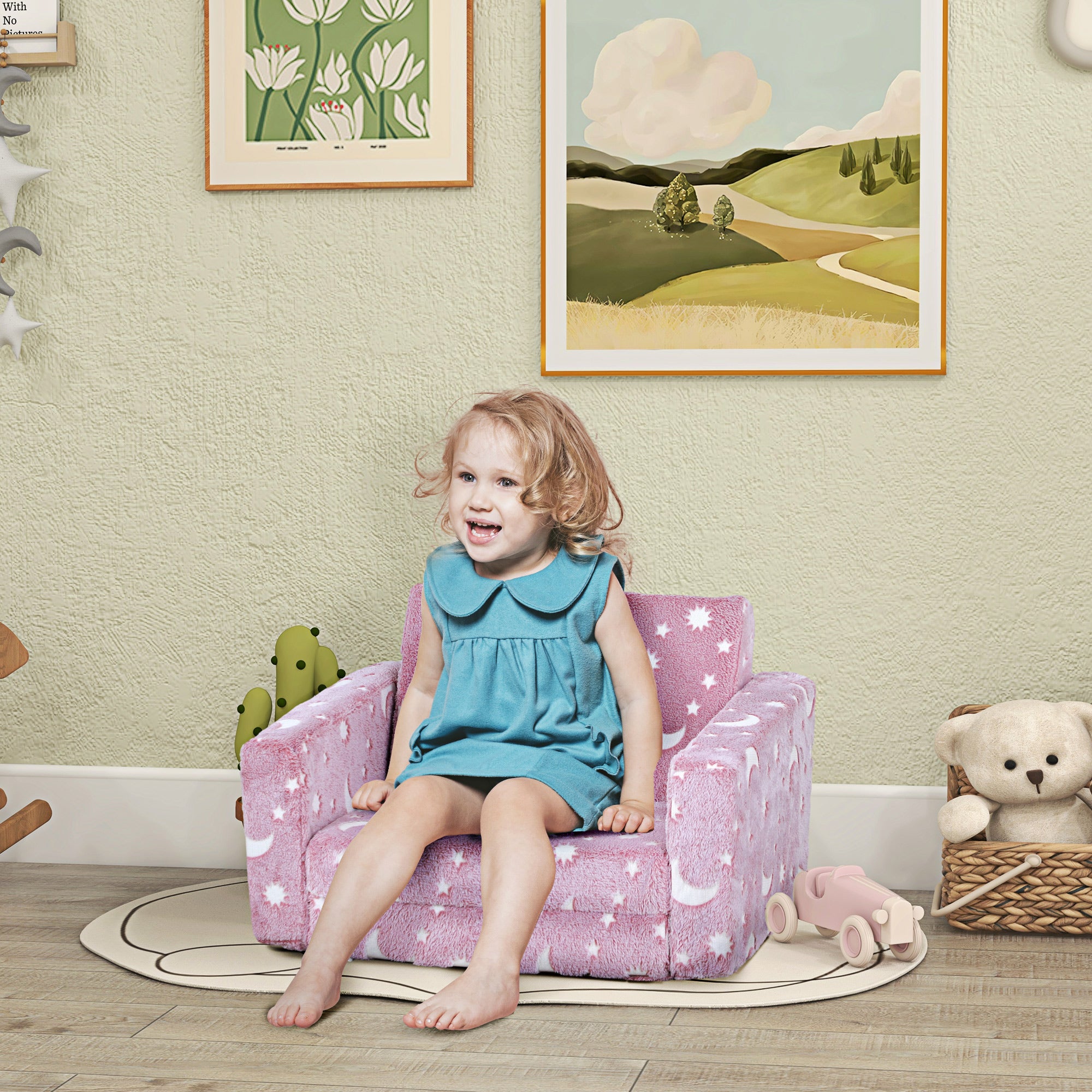 2 in 1 Kids Folding Armchair Bed with Glow in The Dark Cosmic Design Blue