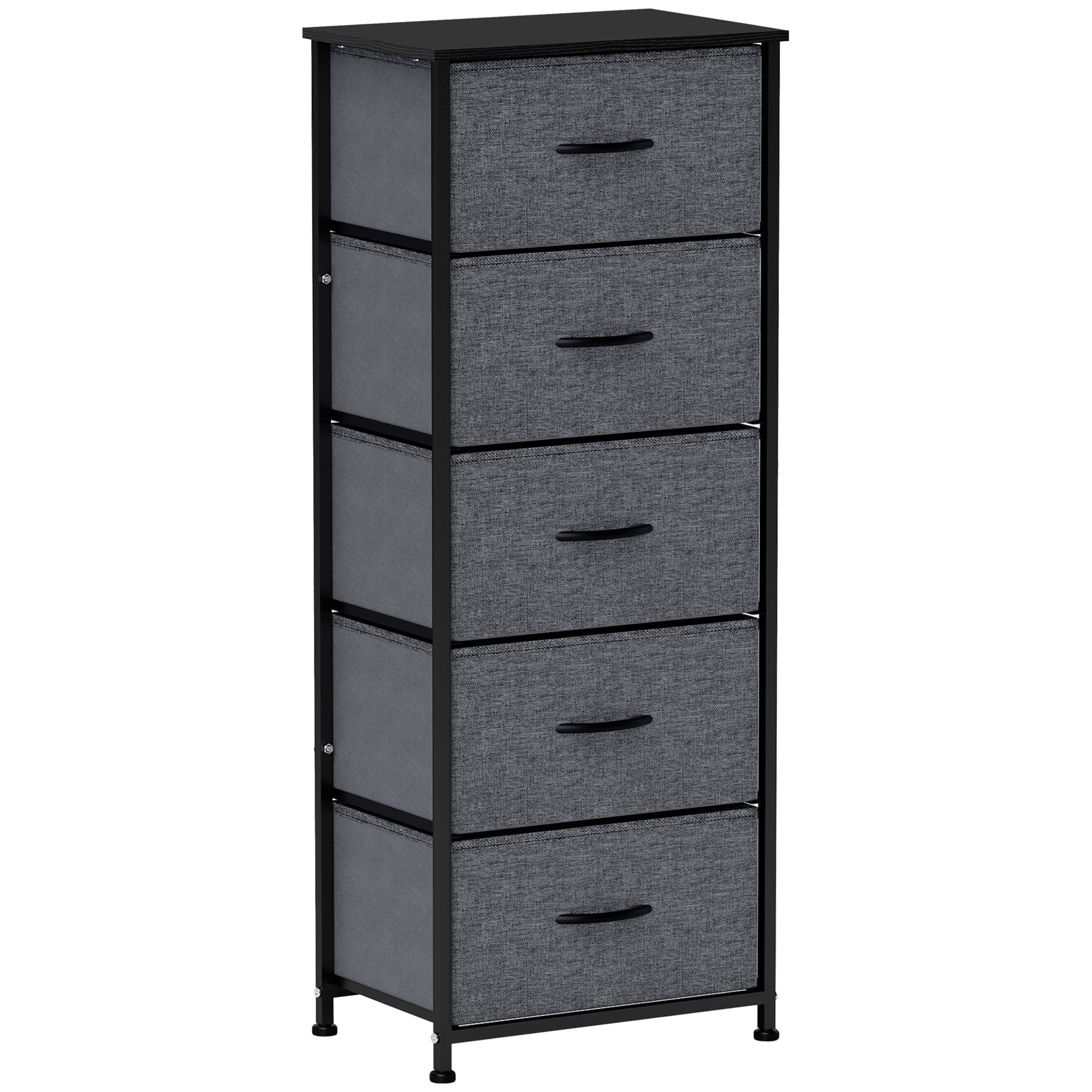 Fabric Chest of Drawers with 5 Storage Drawers, Steel Frame & Wooden Top - Dark Grey