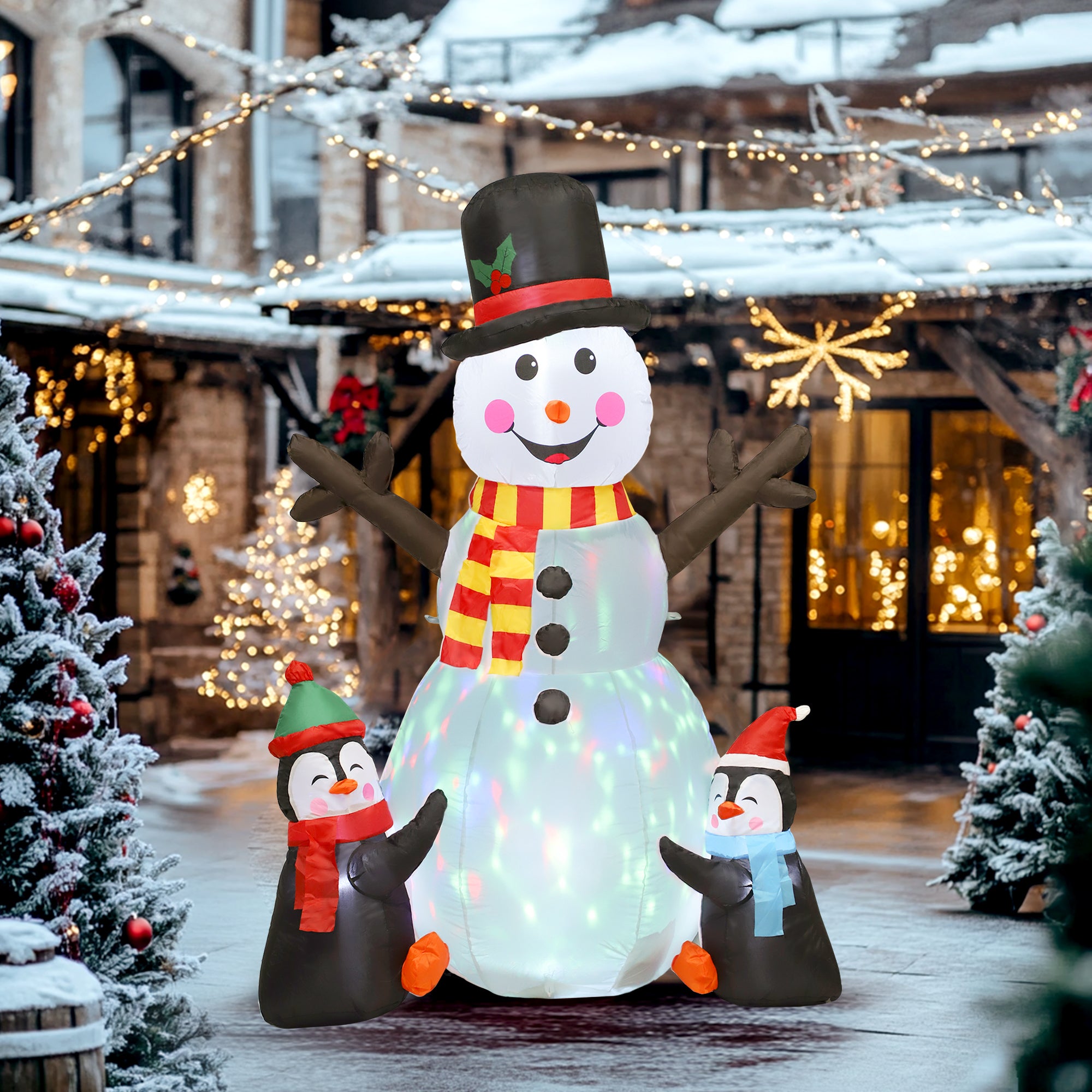 6FT Christmas Inflatables Snowman & Penguins with Built-in LED Lights and Flashing Projector Light, Blow Up Christmas Inflatable Decoration for Indoor Outdoor Decor, Garden