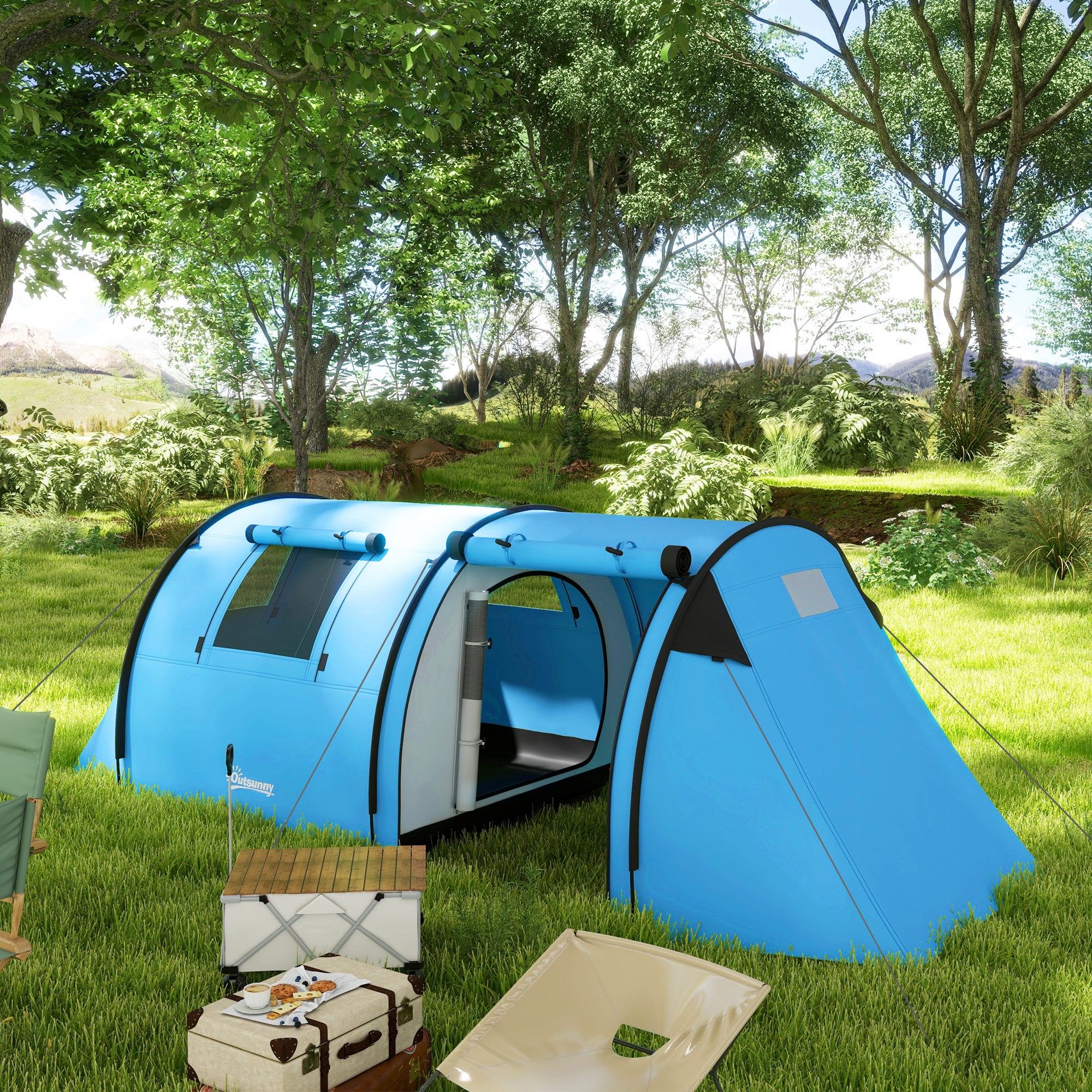 Spacious Four Man Duo Tunnel Tent for Camping - Sky Blue