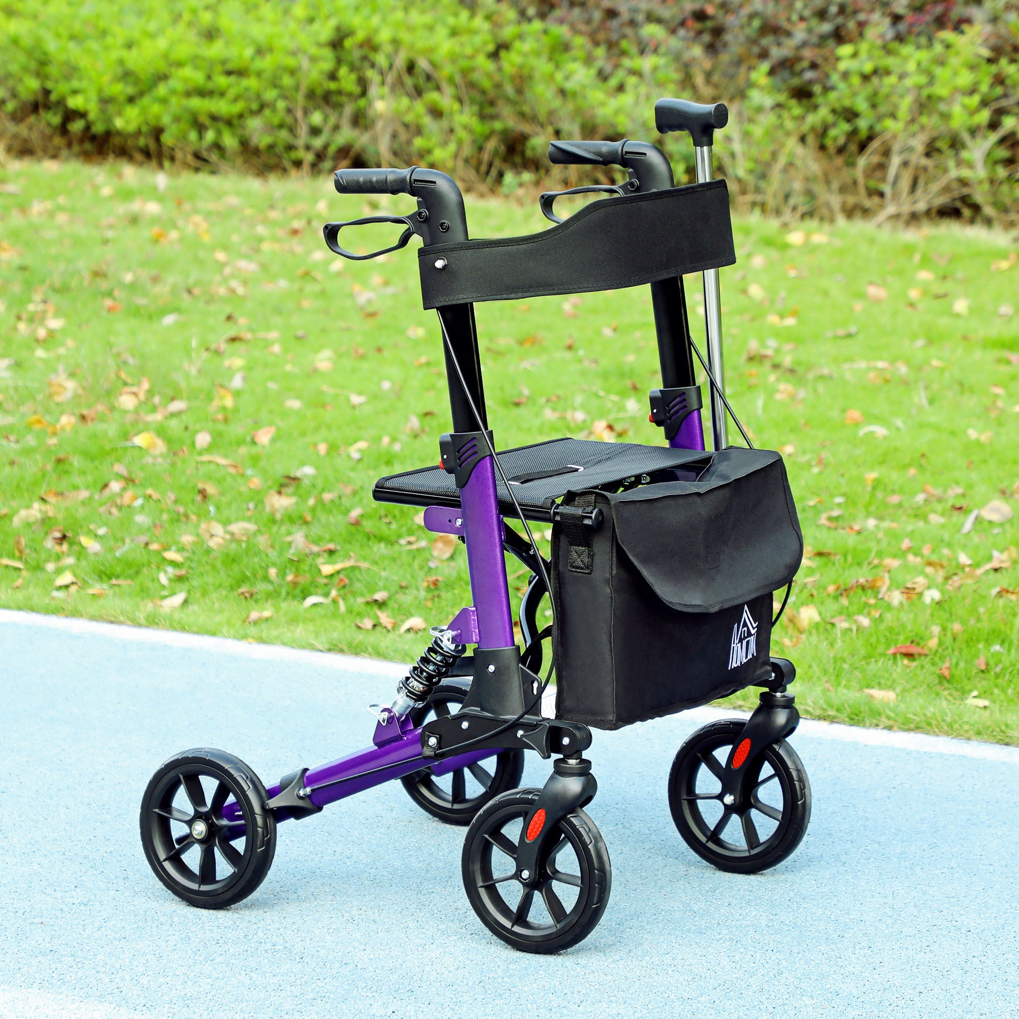Folding Rollator Walker with Seat, Backrest, Lightweight Walking Frame with Storage Bag, Dual Brakes, Adjustable Handle Height, Suspension System, 4 Wheeled Walker for Seniors, Purple