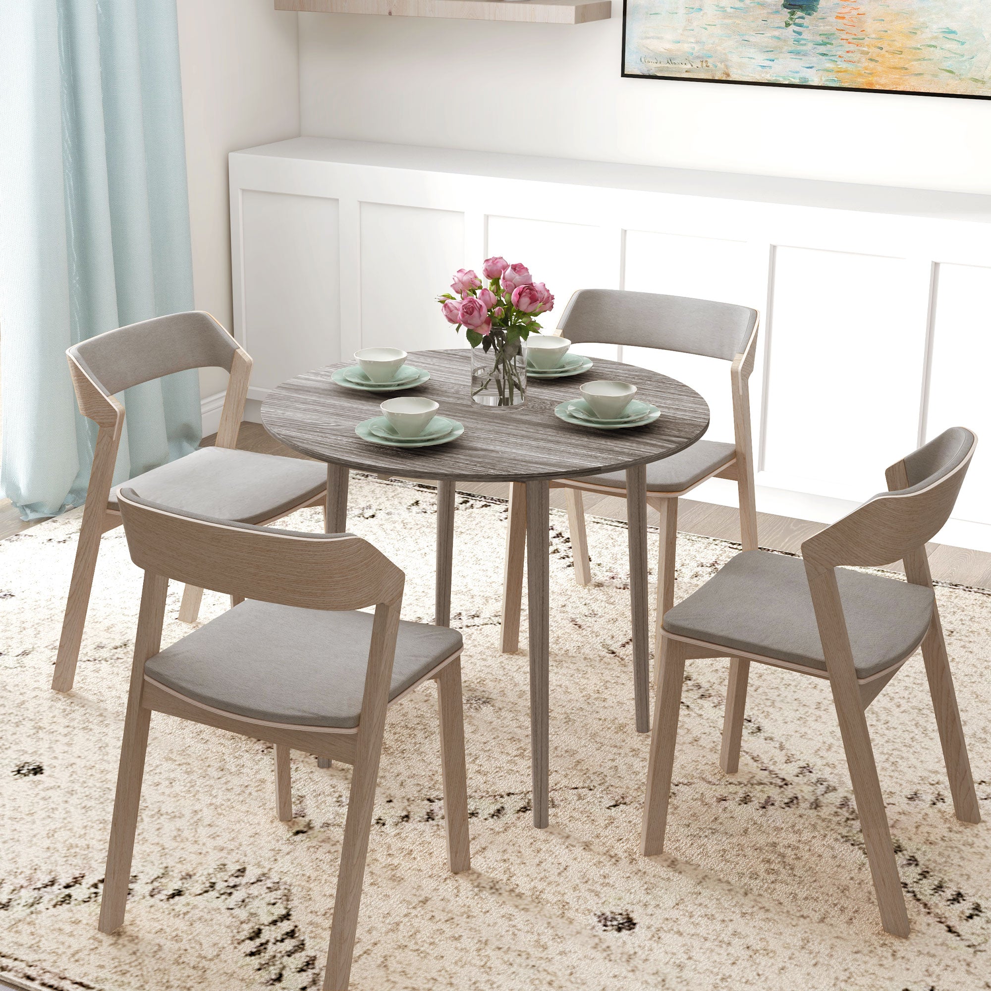 Folding Round Drop Leaf Dining Table for 4 with Wood Legs - Grey