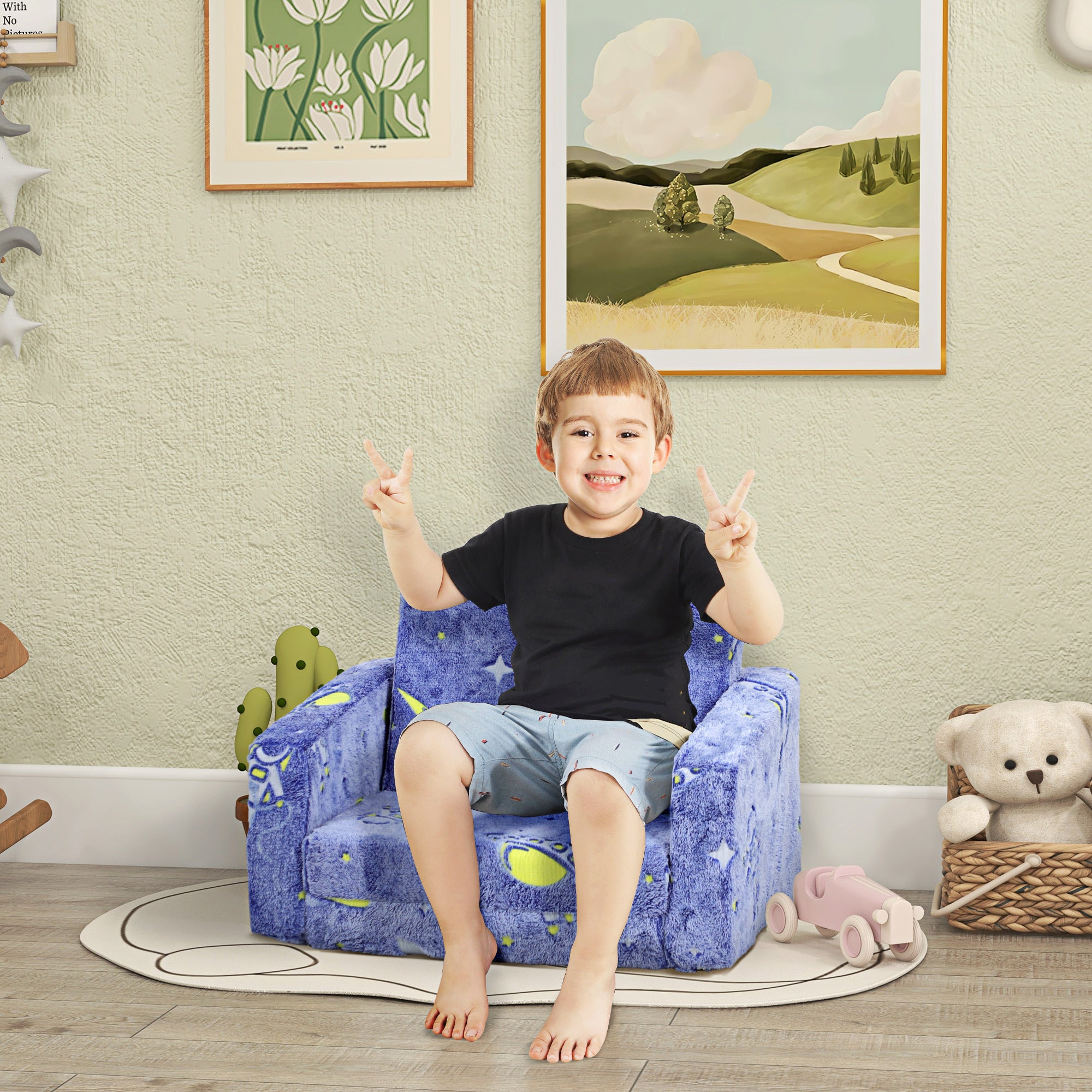 2 in 1 Kids Folding Armchair and Bed with Glow in The Dark Design - Blue