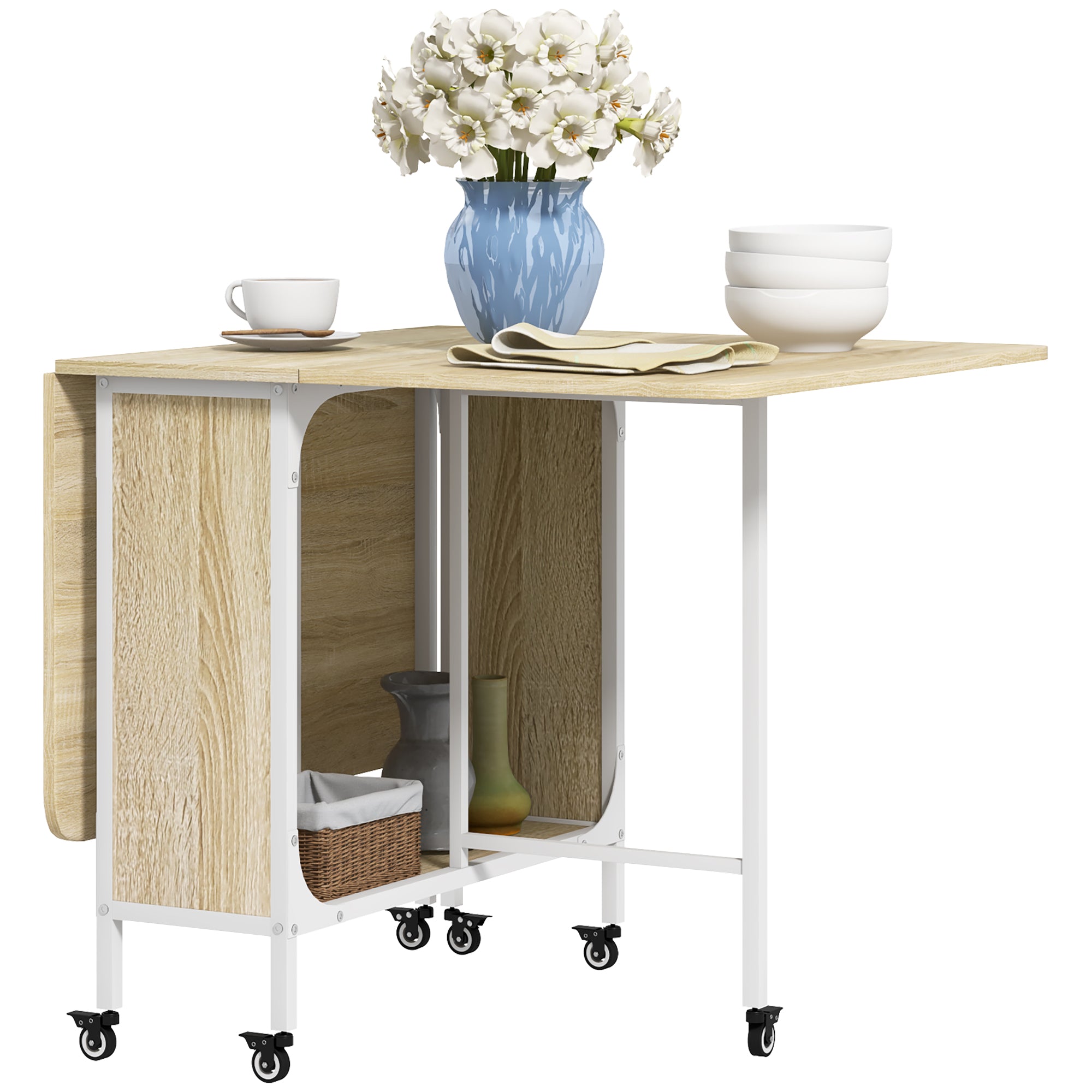 Six-Person Drop Leaf Dining Table with Wheels and Shelf - Natural/White